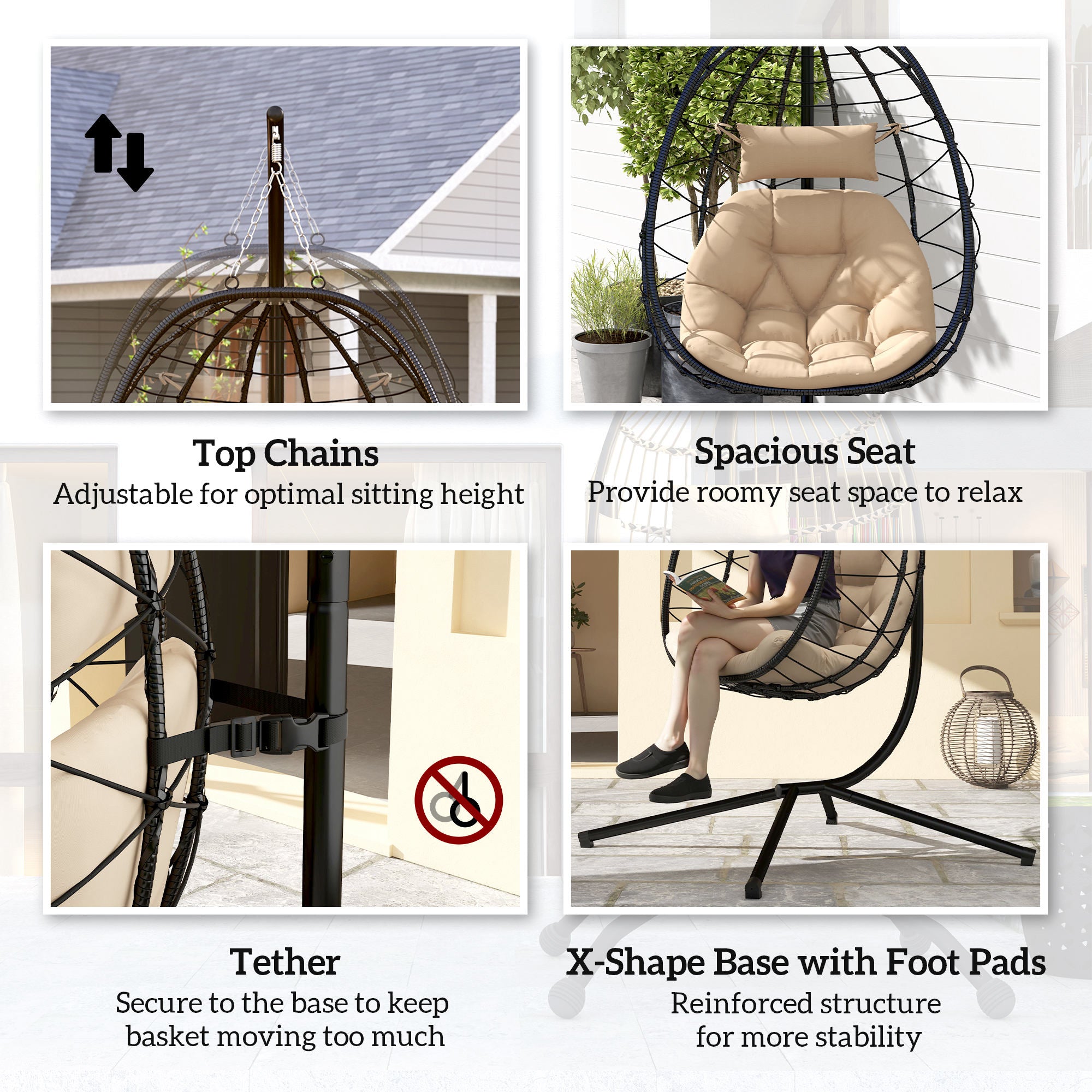 Outsunny Hanging Egg Chair Outdoor Indoor Garden Swing Chair with Folding Basket, Thickened Cushion, Garden Hanging Chair with Stand, Headrest for Patio, Balcony, Khaki - North Peak Garden Furniture