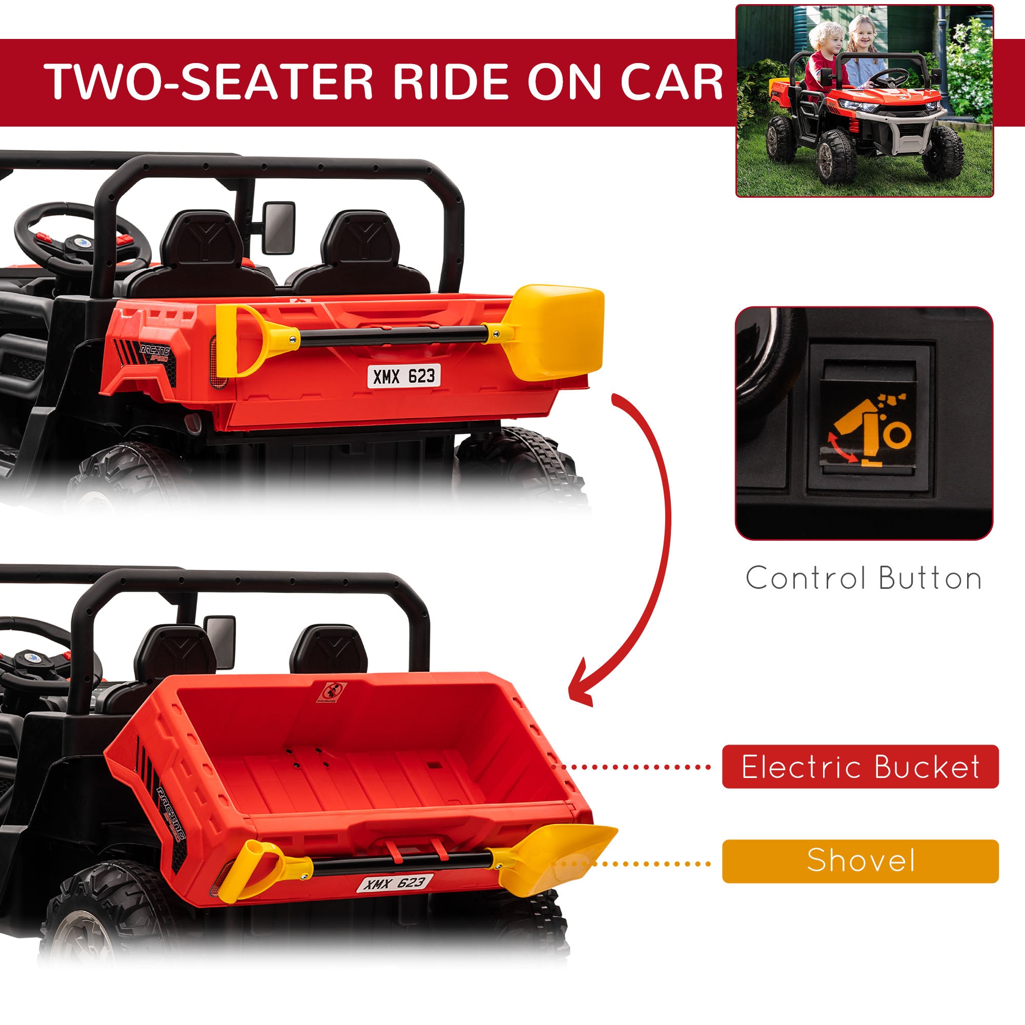 HOMCOM 12V 2 Seater Kids Electric Ride-On Car with Electric Bucket, Remote Control - Red - North Peak Garden Furniture