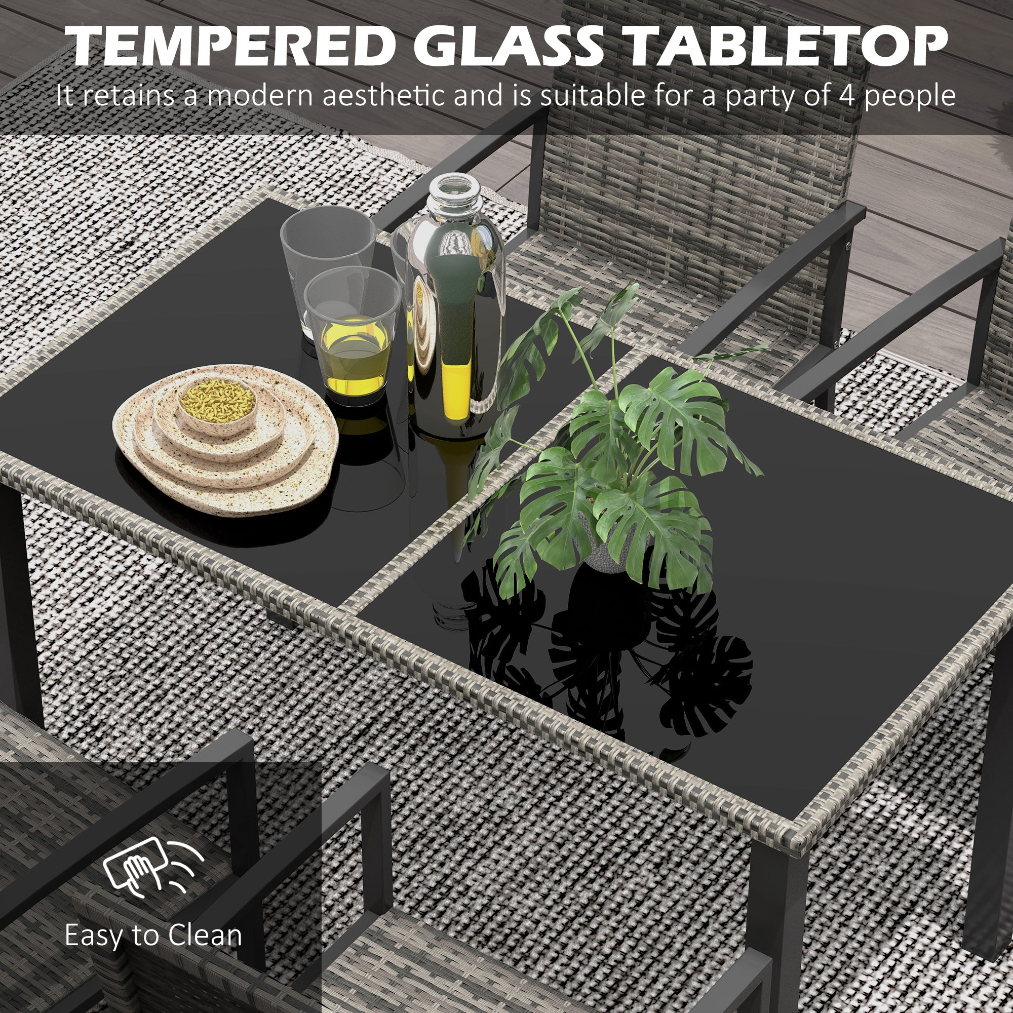 Outsunny Outdoor Dining Set 5 Pieces Patio Conservatory with Tempered Glass Tabletop,4 Dining Chairs - Mixed Grey - North Peak Garden Furniture