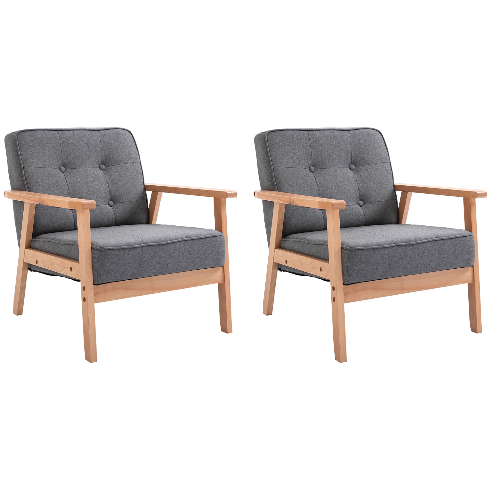 HOMCOM Armchair, Linen Fabric Accent Chair, Occasional Chair with Beech Wood Frame for Living Room, Reception, Bedroom, Balcony, Set of 2, Grey and Natural - North Peak Garden Furniture