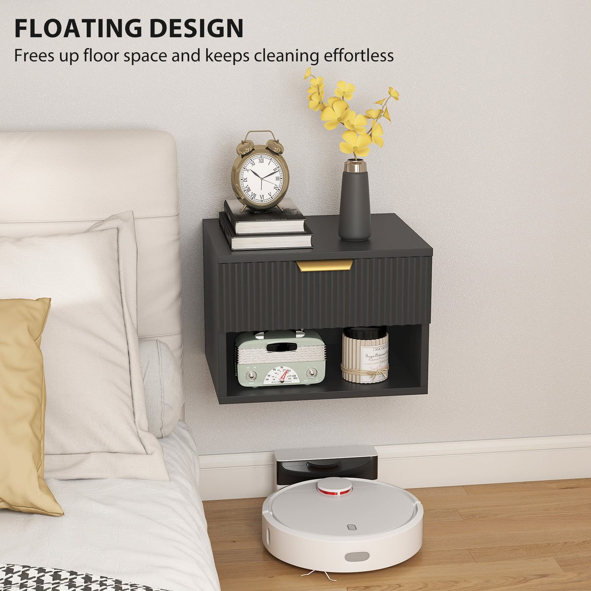HOMCOM Floating Nightstands Set of 2, Modern Wall Mounted Bedside Tables, Black