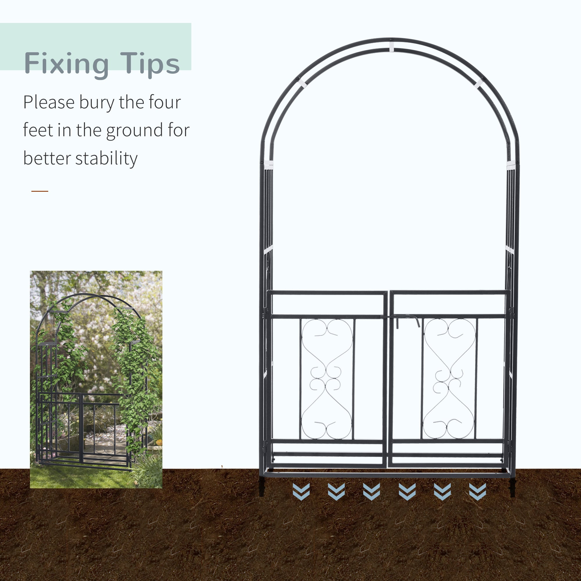 Outsunny Outdoor Garden Arch with Double Gates, Metal Garden Arbor for Climbing Plants, Roses, Vines, Wedding Arch for Outdoor, 114L x 50W x 206H cm, Dark Grey - North Peak Garden Furniture