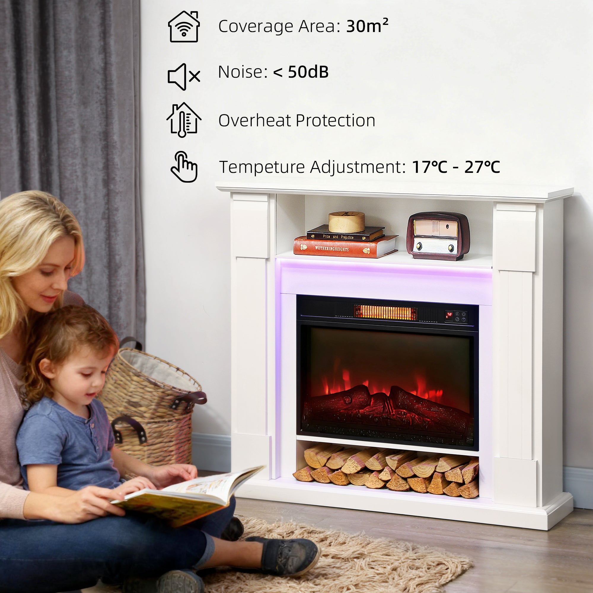 HOMCOM 6142 BTU Electric Fireplace and LED Mantel, 17-27°C - White