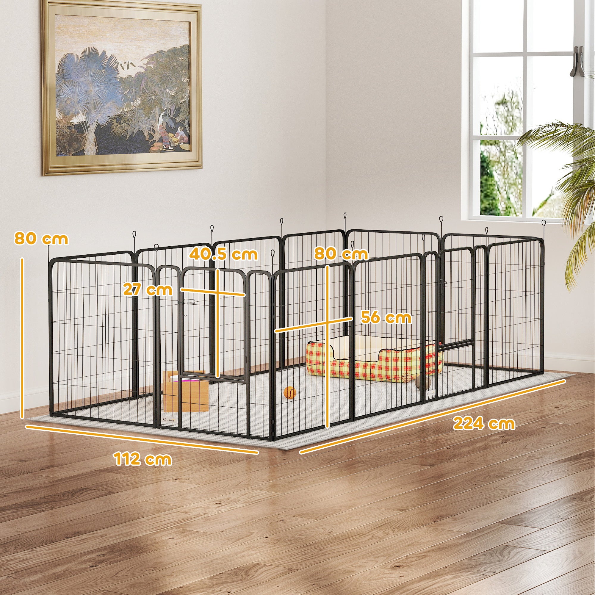 PawHut 12 Panels Heavy Duty Dog Playpen with Doors, for Medium Dogs, 80cm High, Black - North Peak Garden Furniture