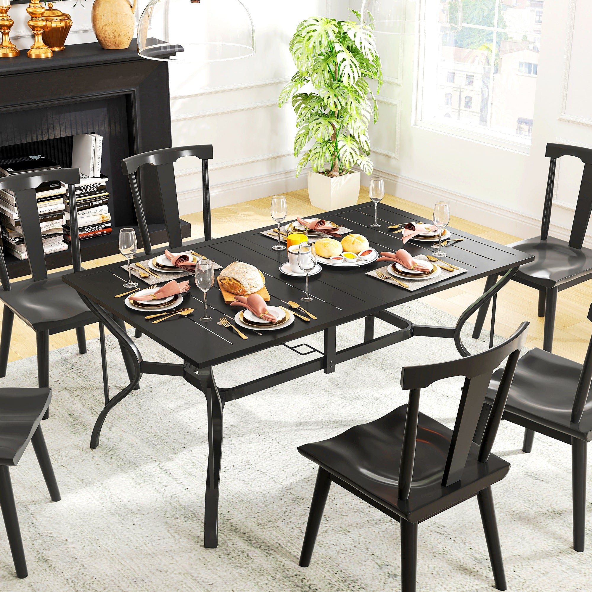 Outsunny Rectangle Garden Dining Table with Parasol Hole, Patio Table with Steel Frame and Slat Tabletop, 150cm x 90cm, Black - North Peak Garden Furniture