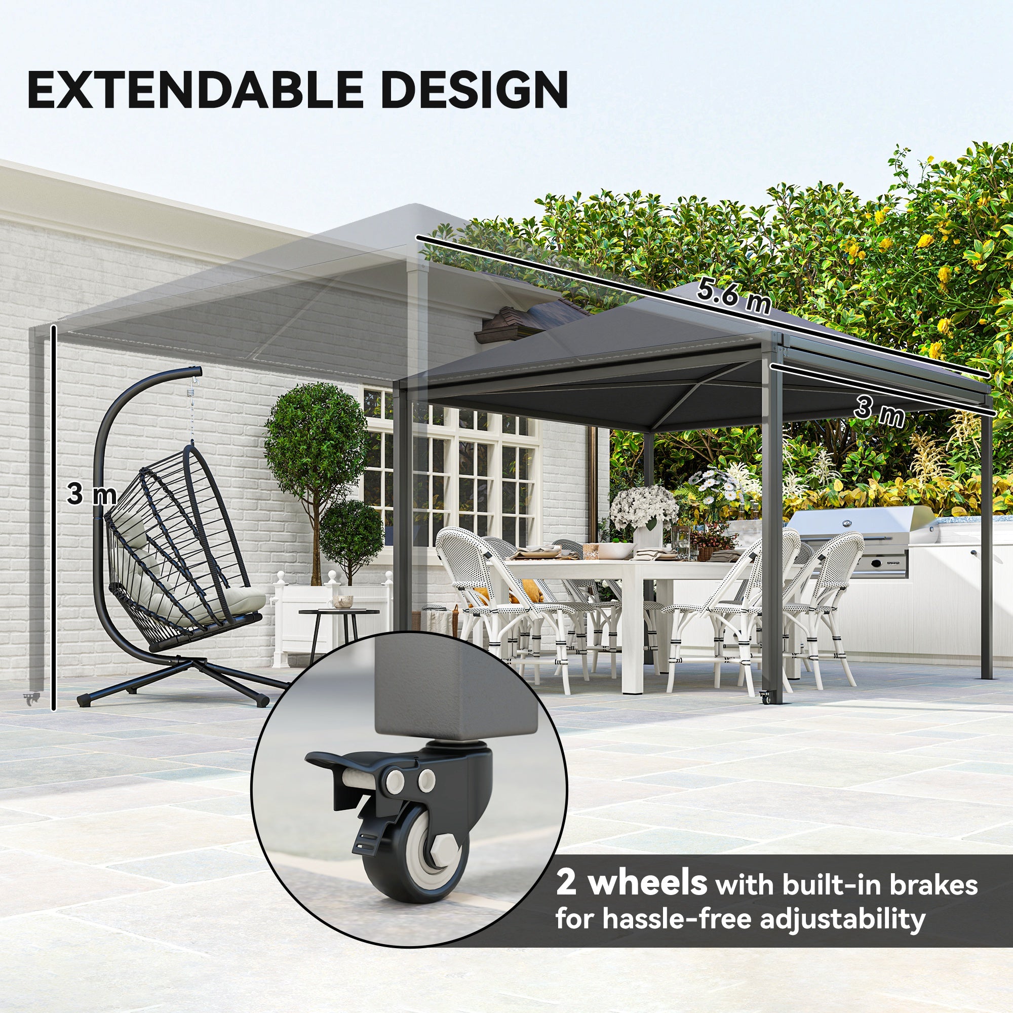 Outsunny 3 x 3 or 3 x 6m Garden Gazebo with Extendable Awning and Wheels, UPF30+ Outdoor Metal Gazebo Canopy Shelter for BBQ, Event, Party - North Peak Garden Furniture