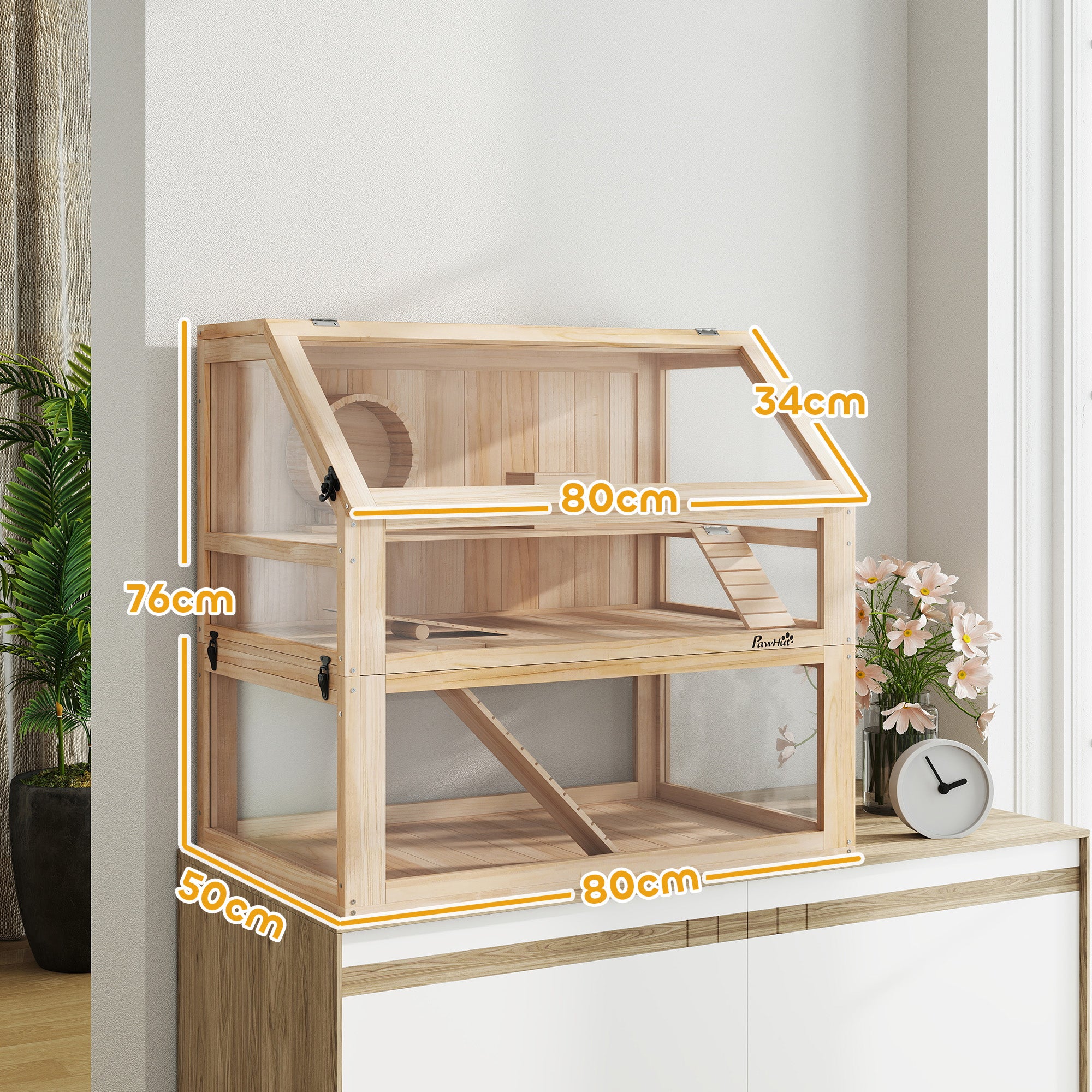 PawHut Wooden Hamster Cage with Detachable 31cm Deep Bottom, Hut, Seesaw, Exercise Wheel, Ramp, 80 x 50 x 76cm, Natural