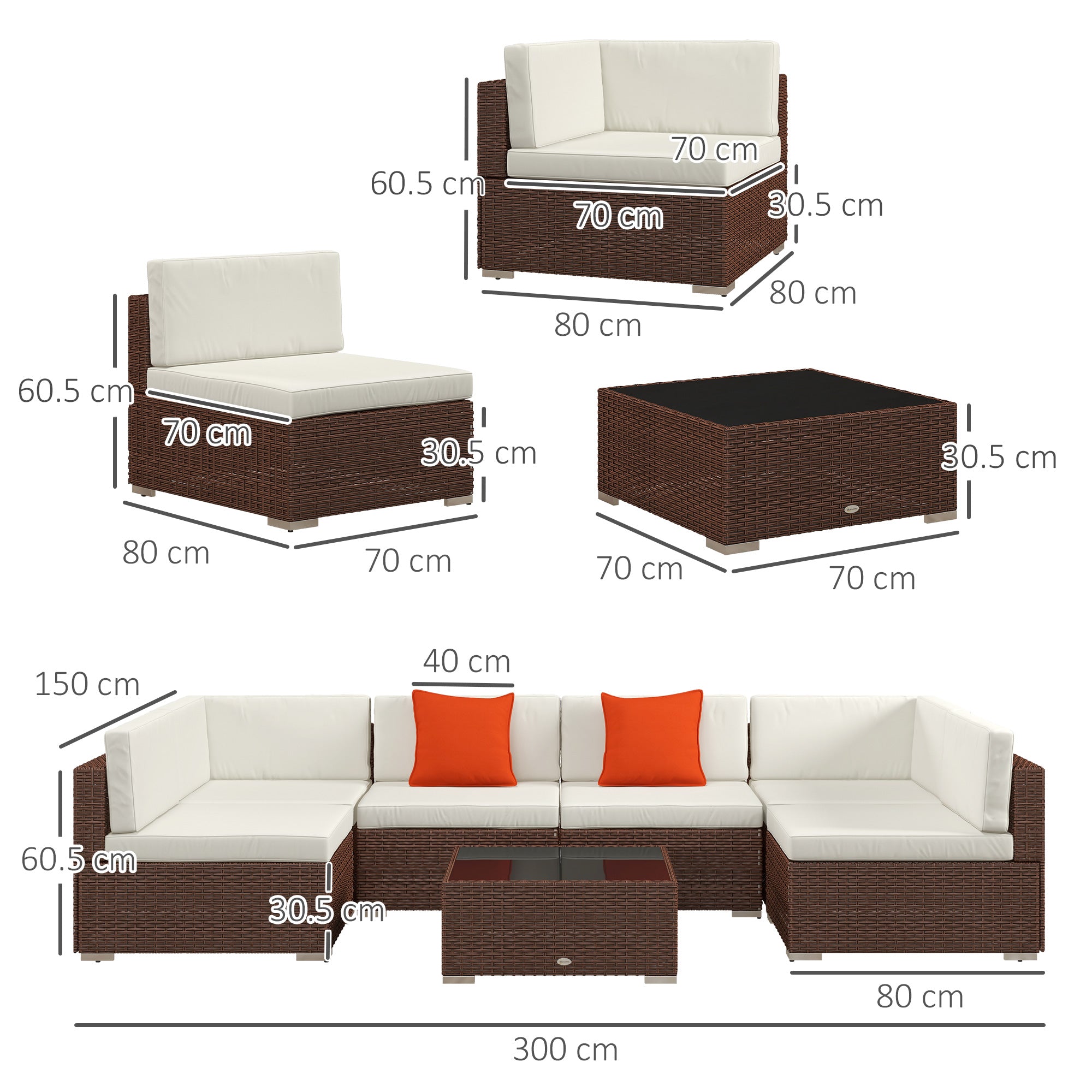 Outsunny Seven-Piece Rattan Garden Set, with Glass-Top Table - Brown/Beige - North Peak Garden Furniture