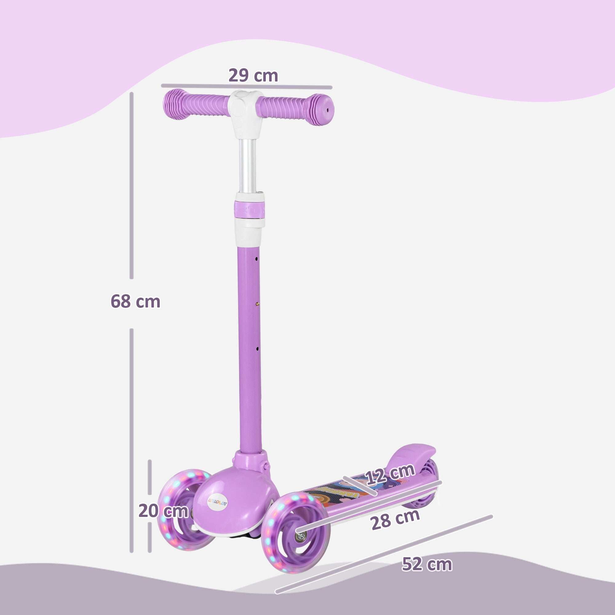 AIYAPLAY Kids 3 Wheel Scooter for 2-6 Years Old w/ Adjustable Height, LED Light, TPE Handlebar, Purple - North Peak Garden Furniture
