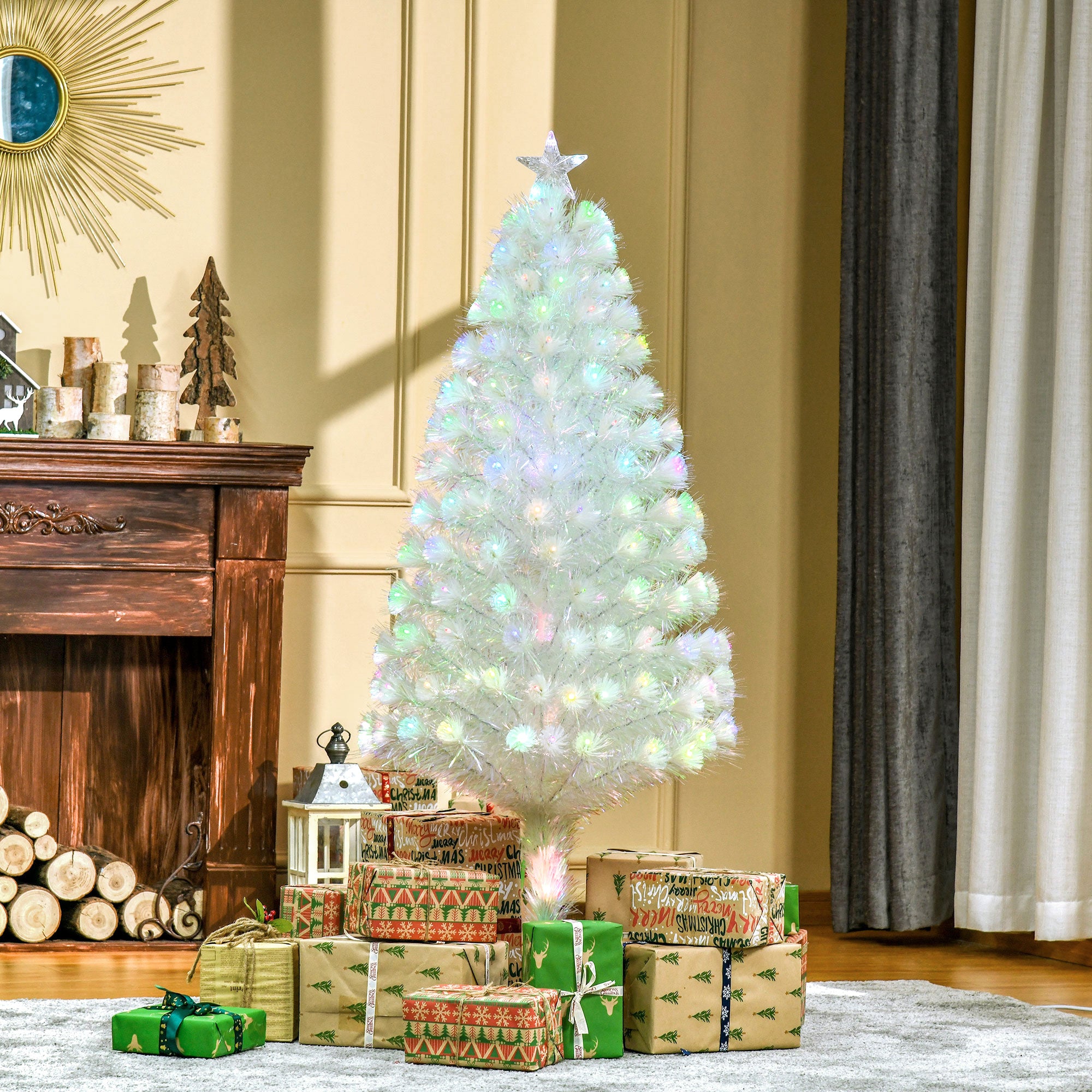 HOMCOM 5 Feet Prelit Artificial Christmas Tree with Fiber Optic LED Light, Holiday Home Xmas Decoration, White - North Peak Garden Furniture