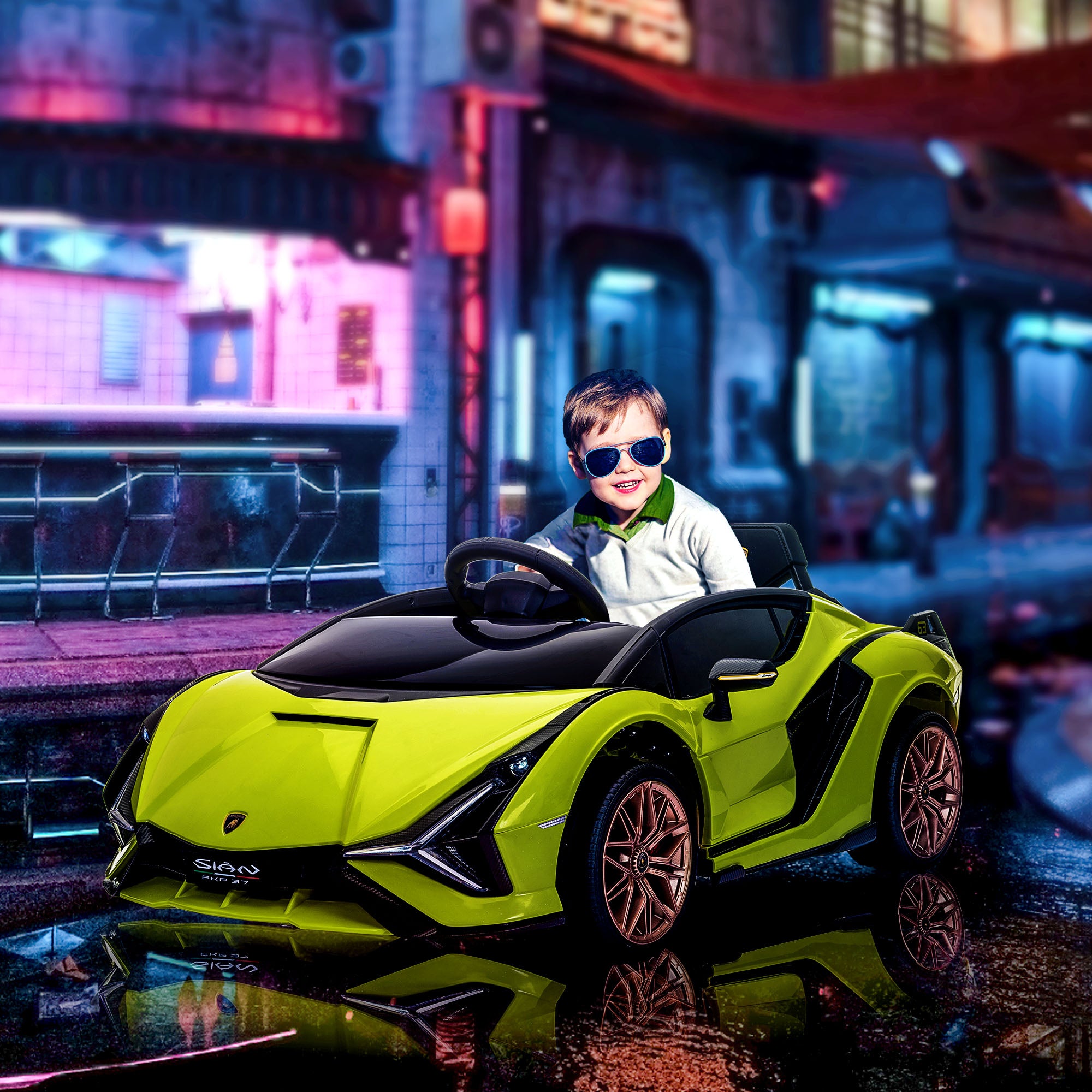 HOMCOM Lamborghini Sian Licensed 12V Kids Electric Ride On Car 2 Motors Toy Car with Remote Control Music Lights MP3 for 3-5 Years Green - North Peak Garden Furniture