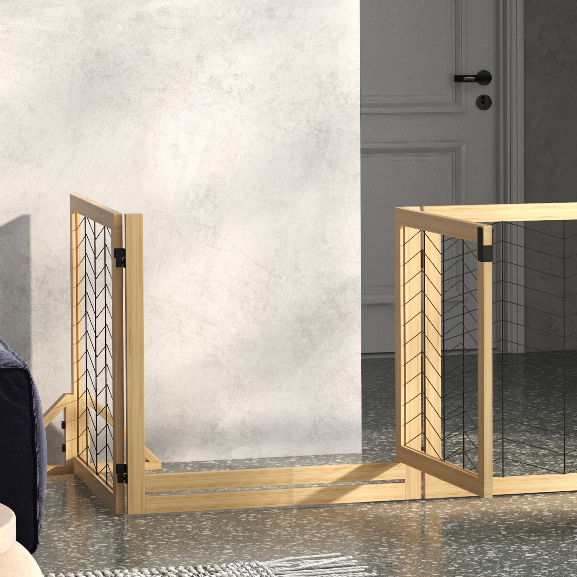 PawHut 8 Panels Foldable Pet Gate with Support Feet, for House, Doorway, Stairs, Small and Medium Dogs - Natural Wood - North Peak Garden Furniture