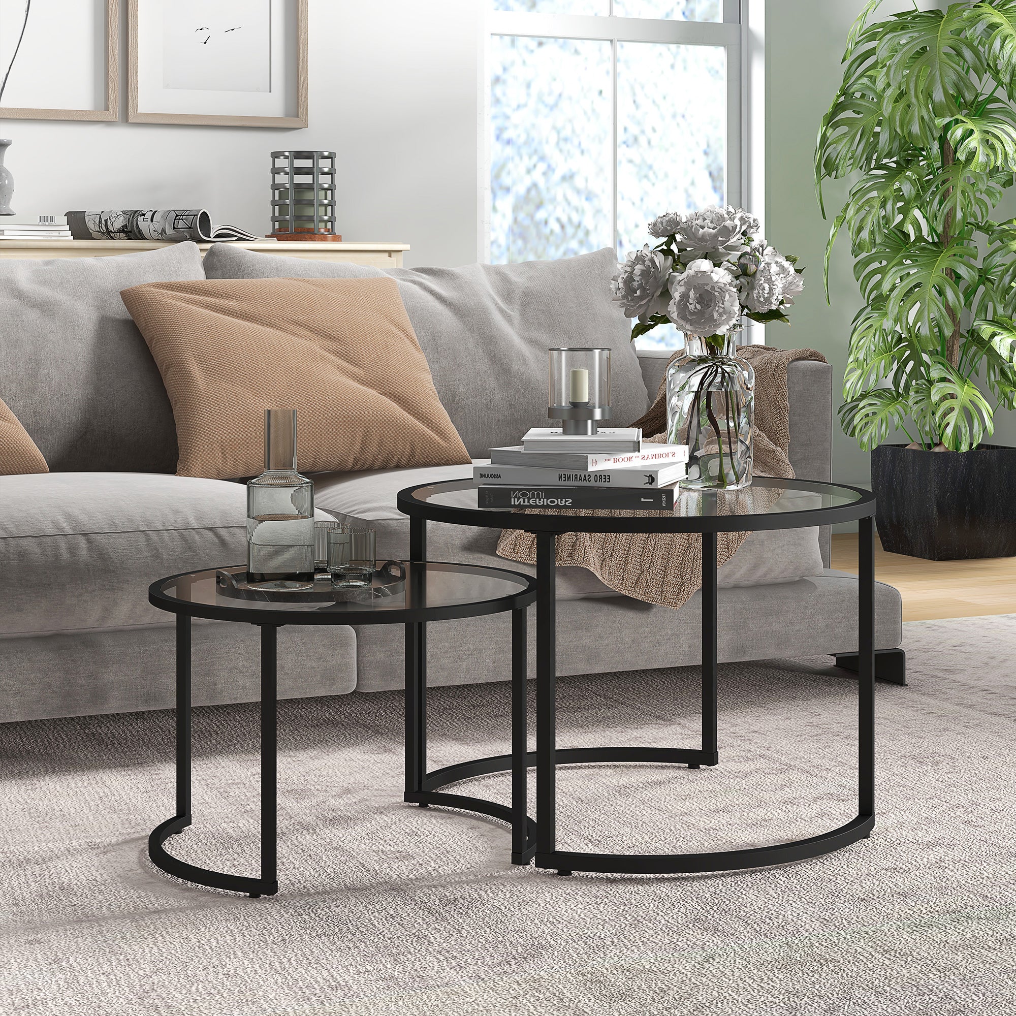 HOMCOM Two-Piece Nest of Glass-Top Coffee Tables - North Peak Garden Furniture