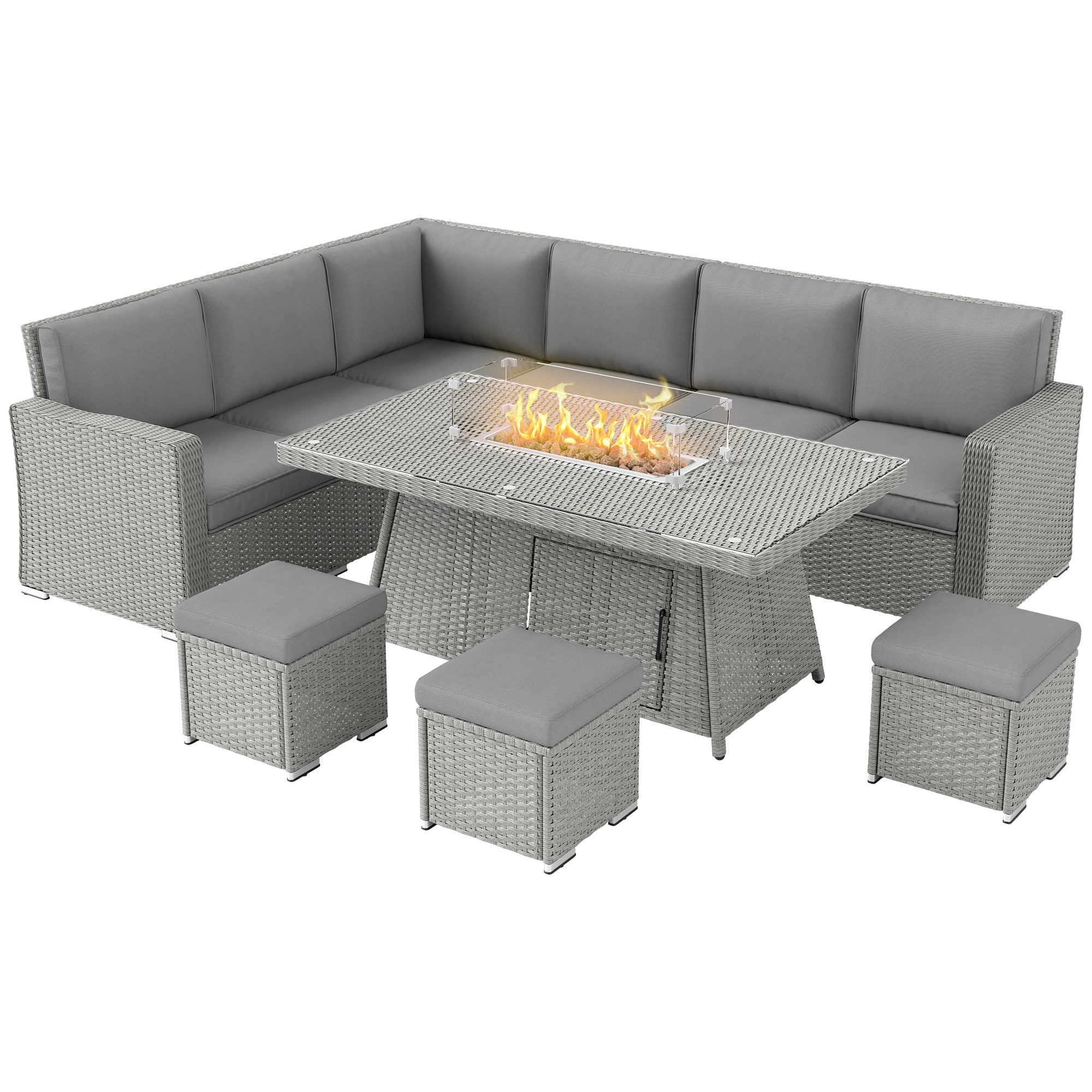 Outsunny 7 Pieces PE Rattan Garden Furniture Set, 50,000 BTU Gas Fire Pit Table, Double Corner Sofa and 3 Footstools, 6 Seater Furniture Sofa Sets with Cushions for Conservatory, Grey