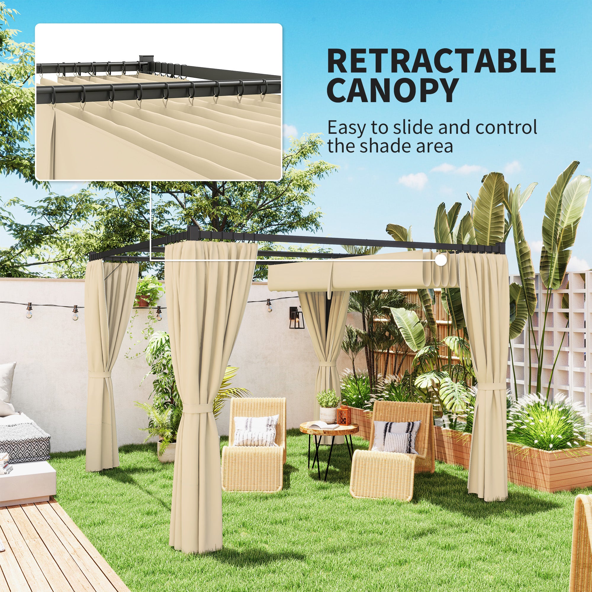 Outsunny 3 x 3m Retractable Roof Pergola, with Curtains - Khaki - North Peak Garden Furniture