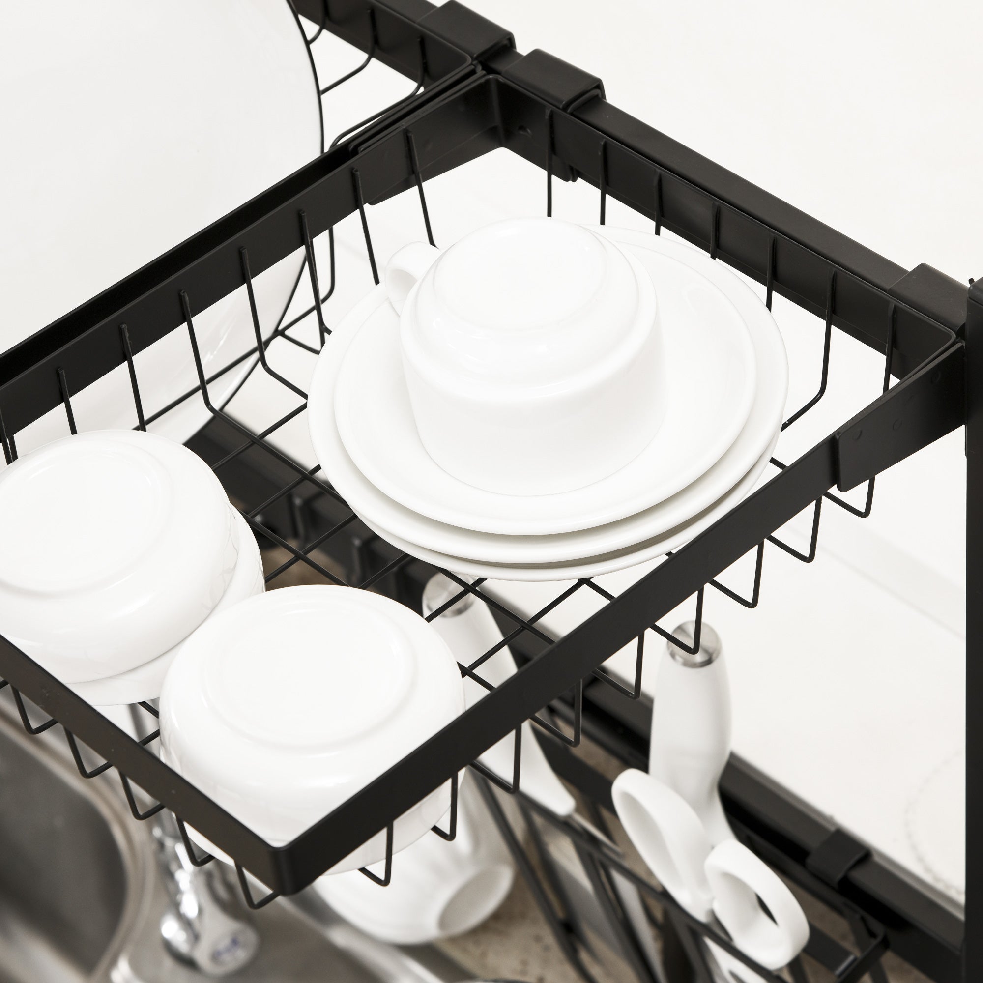 HOMCOM Space Saving 2 Tier Adjustable Dish Drainer Over The Sink Dish Drying Rack, Black - North Peak Garden Furniture