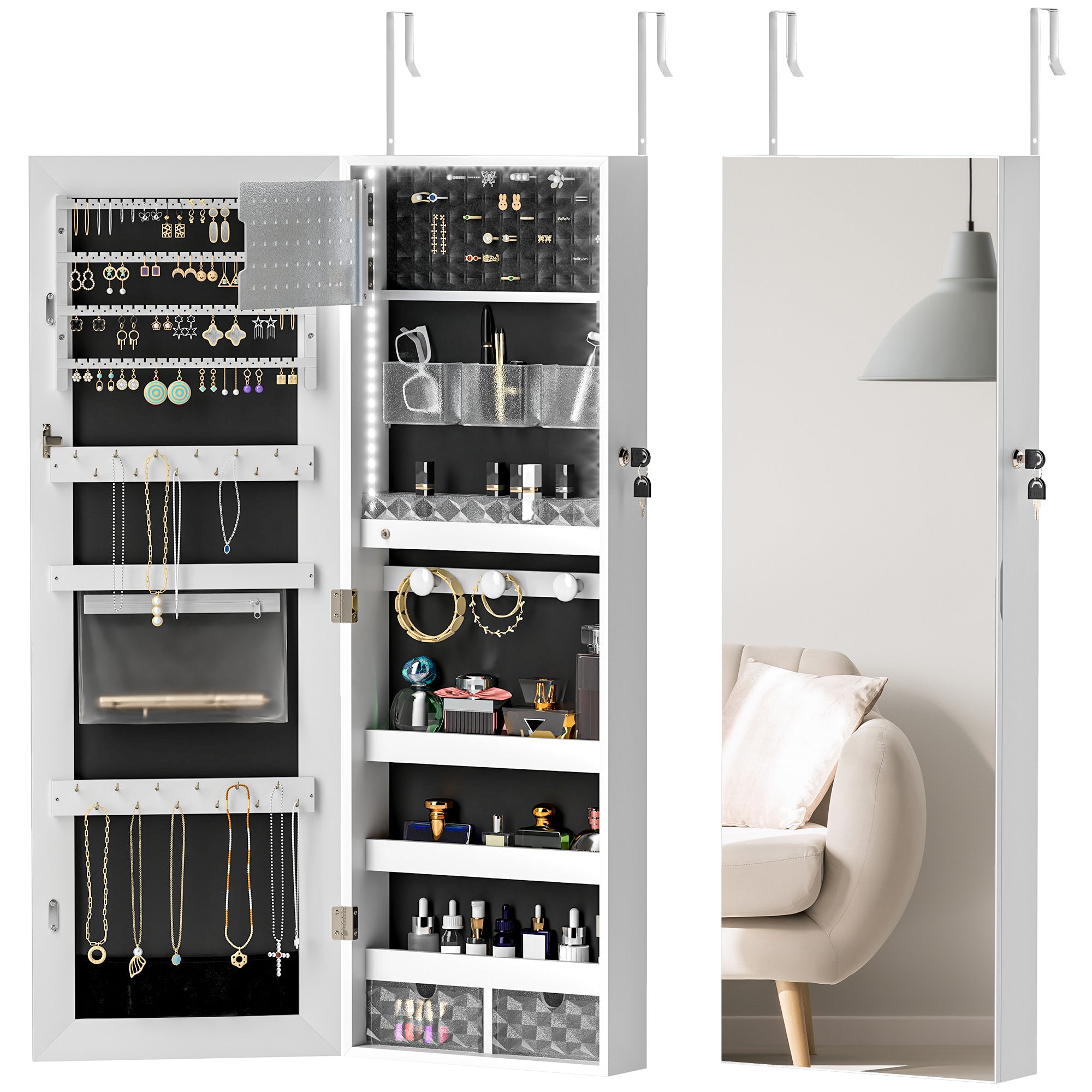 HOMCOM 108 x 37cm Lockable Jewellery Cabinet, with LED Lights - White Surface and Black Lining - North Peak Garden Furniture