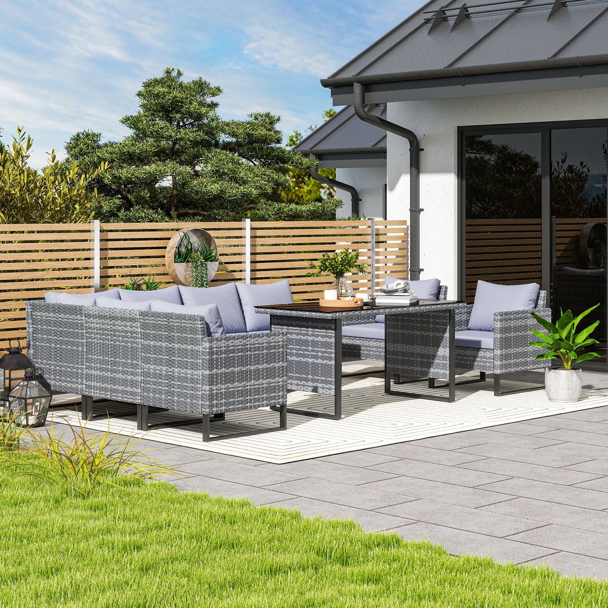 Outsunny 9 Piece Rattan Garden Furniture Set, 8 Seater Garden Corner Sofa with Cushions and Glass Top Table, Sectional Outdoor Furniture Conservatory Set for Patio, Light Grey - North Peak Garden Furniture