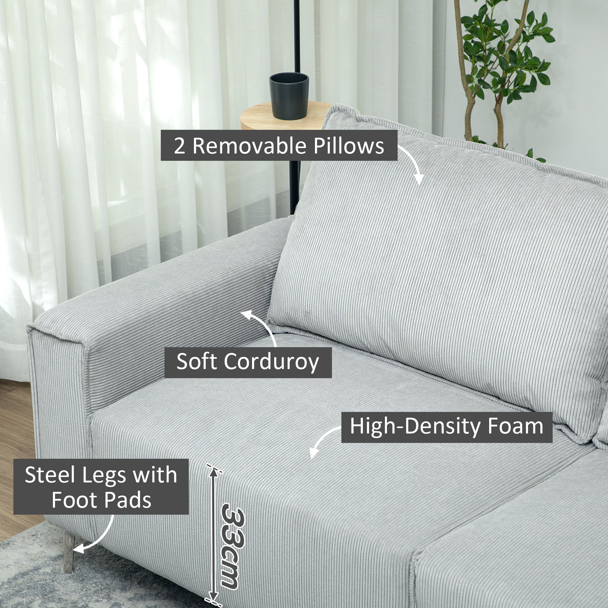 HOMCOM Three-Seater Corduroy - Light Grey - North Peak Garden Furniture