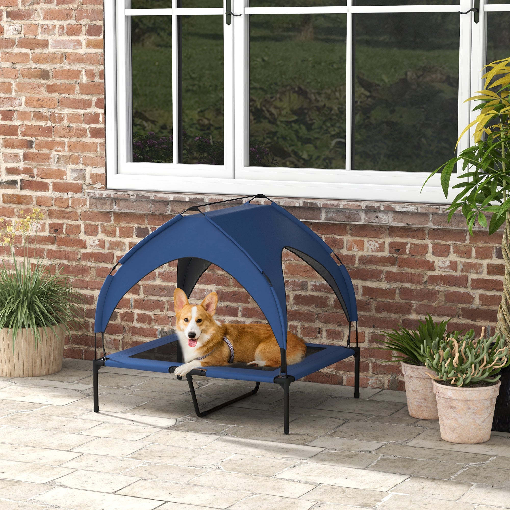 PawHut Cooling Raised Pet Bed w/ Washable Breathable Mesh, for Medium, Large Dogs, 91 x 76 x 89cm - Dark Blue - North Peak Garden Furniture