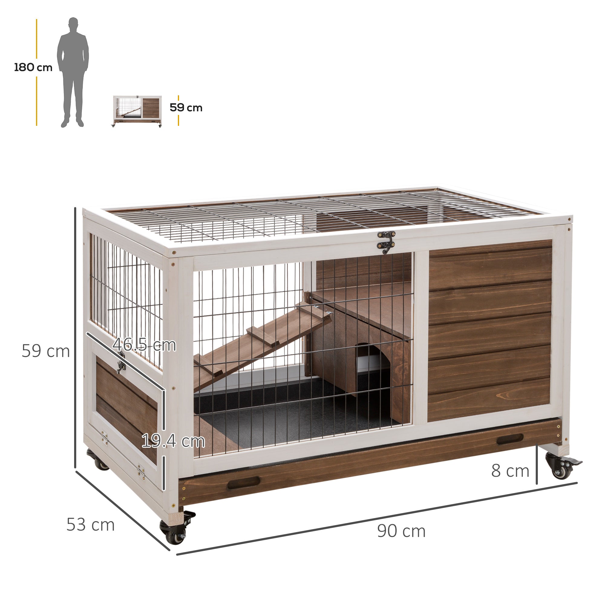 PawHut Wooden Guinea Pig Hutch, 2-Floor Bunny Cage w/ Enclosed Run Area, Brown