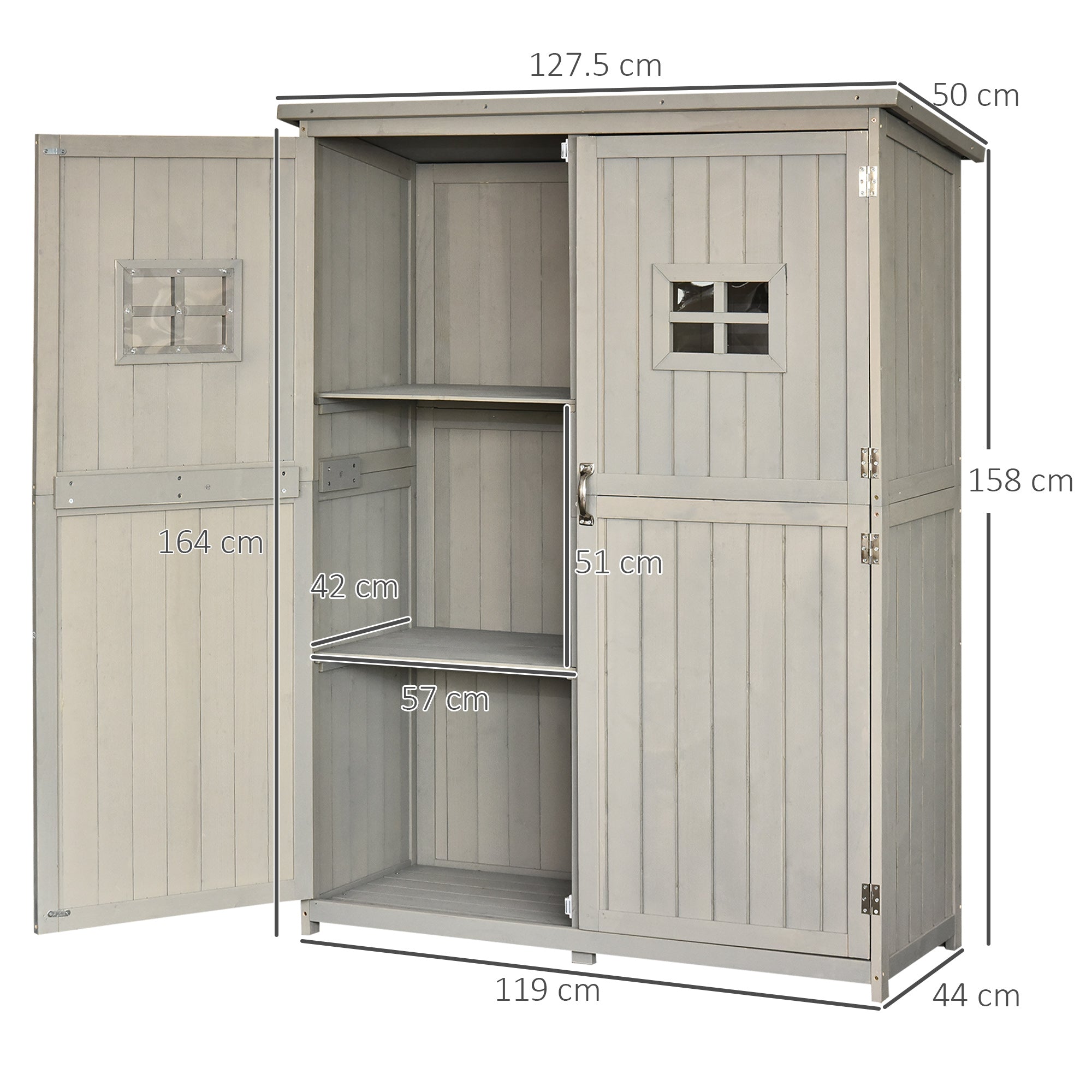 Outsunny Wooden Garden Shed with Two Windows, Tool Storage Cabinet, Outdoor Double Door Organizer 127.5L x 50W x 164H cm, Grey - North Peak Garden Furniture