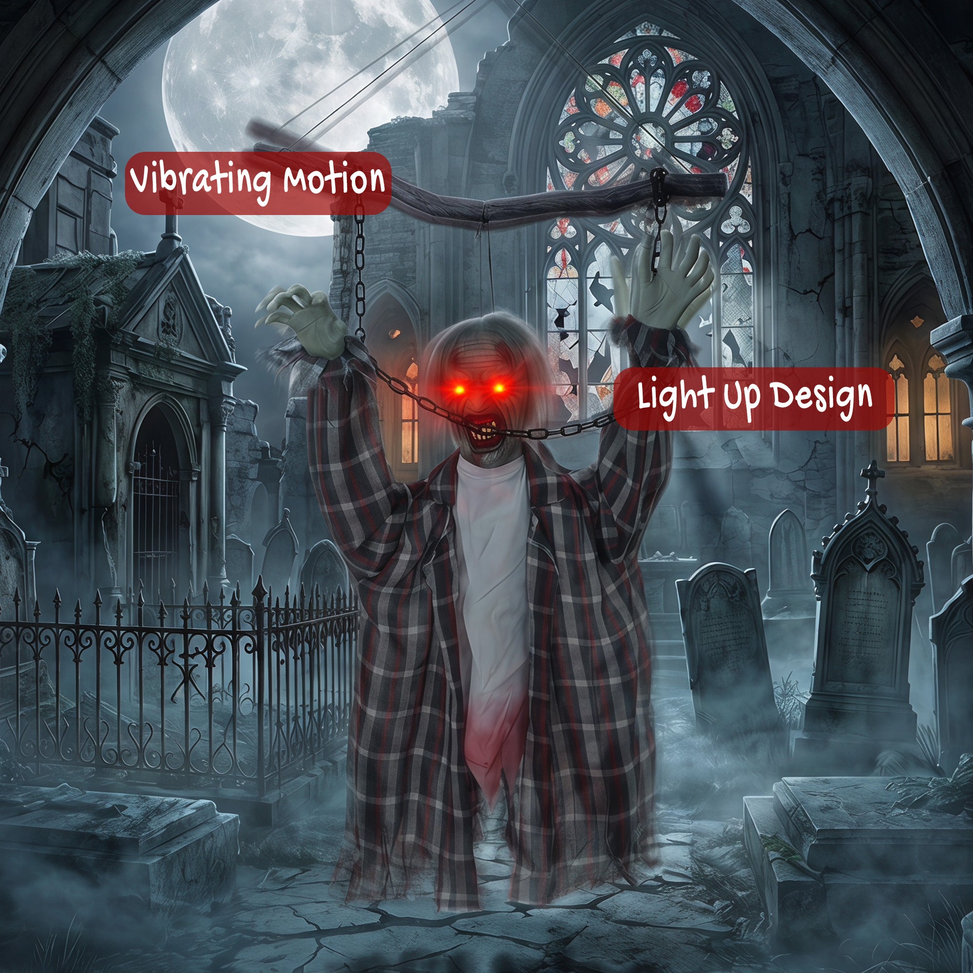 HOMCOM 110cm Screaming Animated Hanging Halloween Decoration, Sound Touch Activated Zombie Decor with Glowing Red Eyes