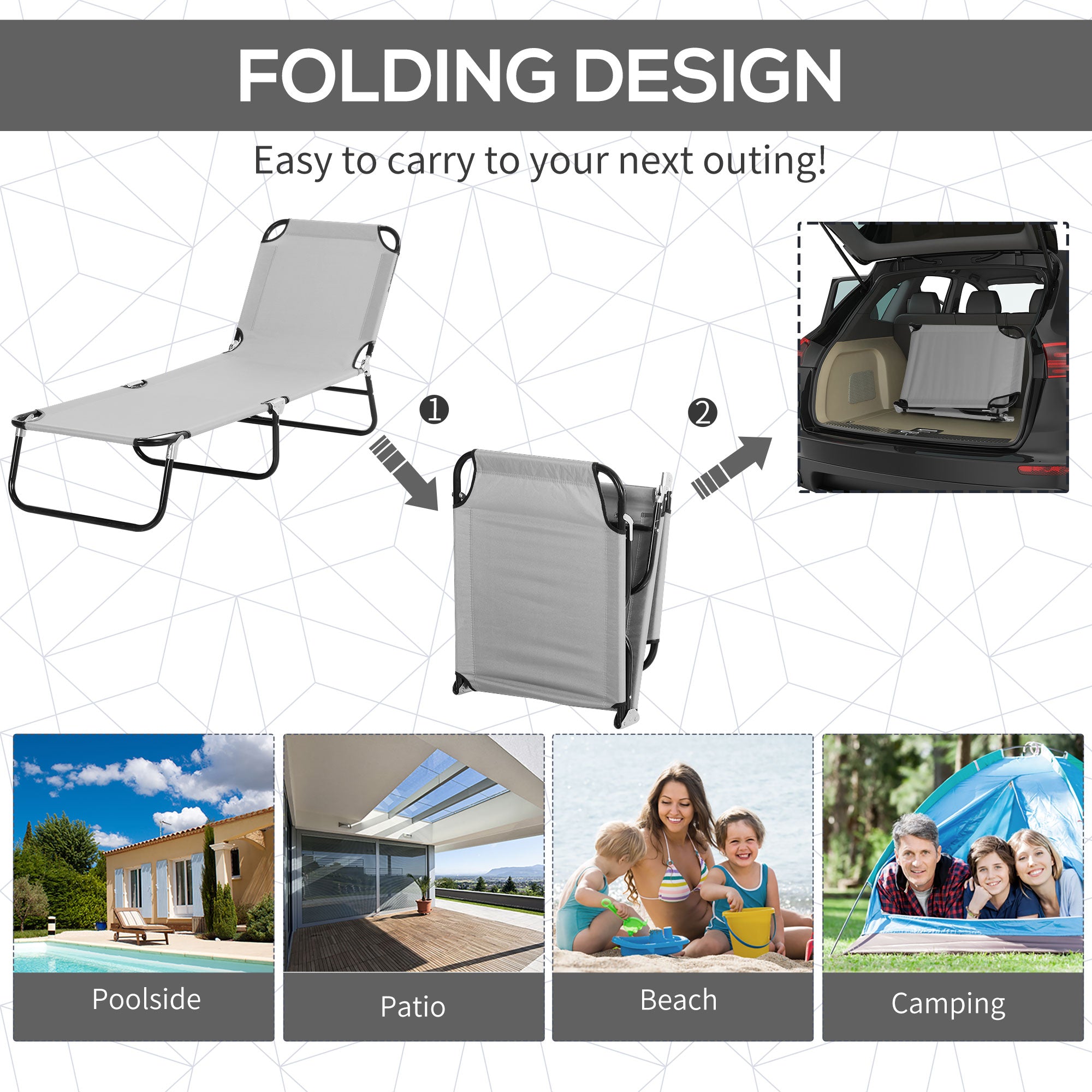Outsunny 2 Pieces Outdoor Foldable Sun Lounger, 4 Level Adjustable Backrest Reclining Sun Lounger Chair with Angle Adjust Sun Shade Awning for Beach, Garden, Patio, Light Grey - North Peak Garden Furniture