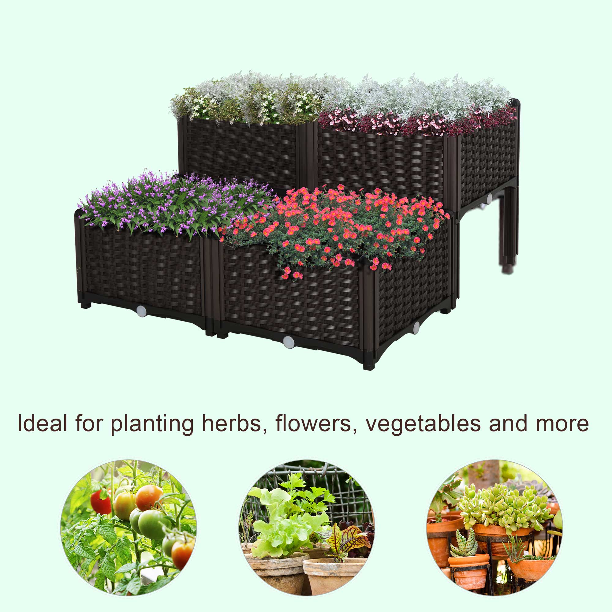 Outsunny Set of 4 26L Garden Raised Bed Elevated Patio Flower Plant Planter Box PP Vegetables Planting Container, Brown - North Peak Garden Furniture