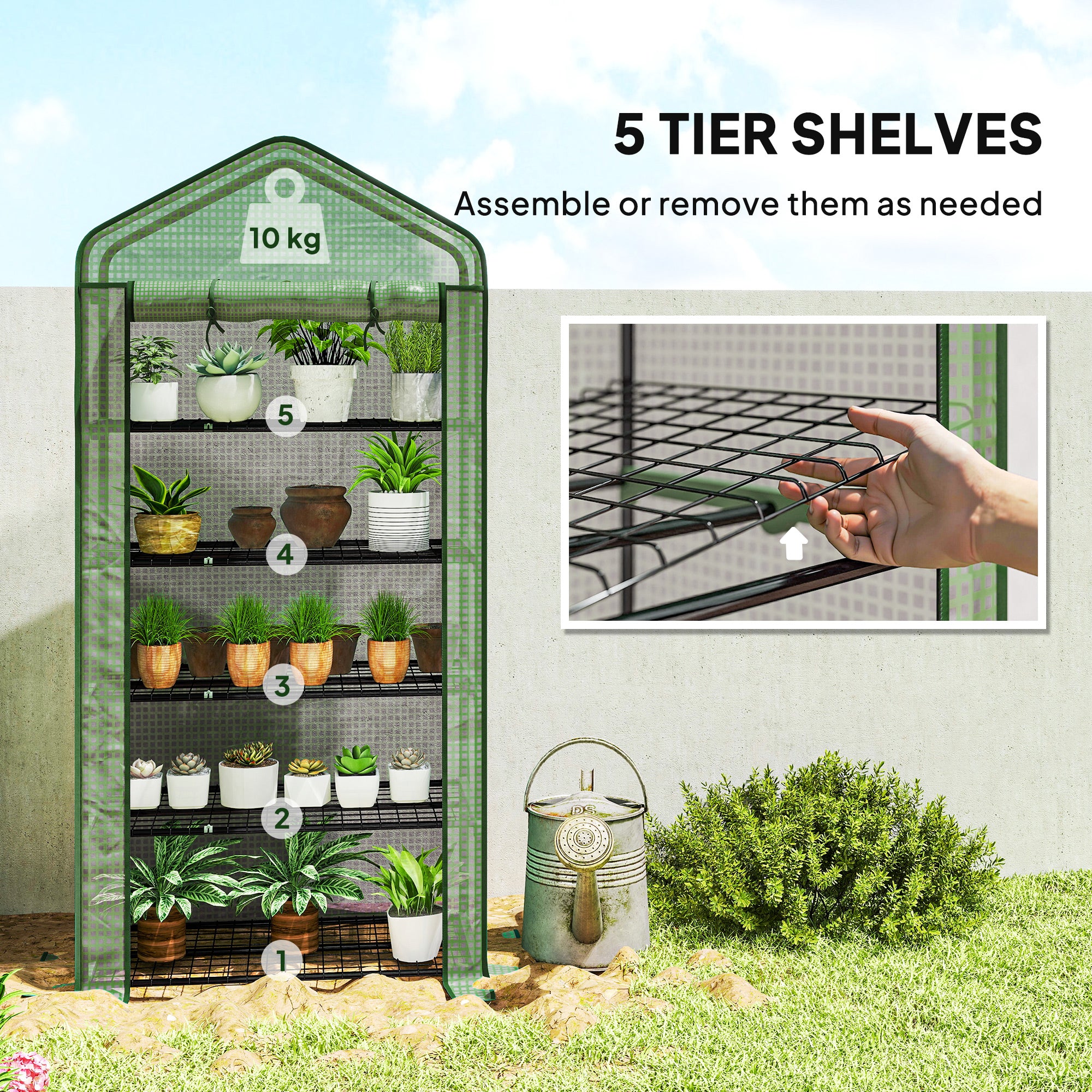 Outsunny 5 Tier Widened Mini Greenhouse with Reinforced PE Cover, Portable Indoor Outdoor Green House with Roll-up Door and Wire Shelves, 193H x 90W x 49Dcm, Green