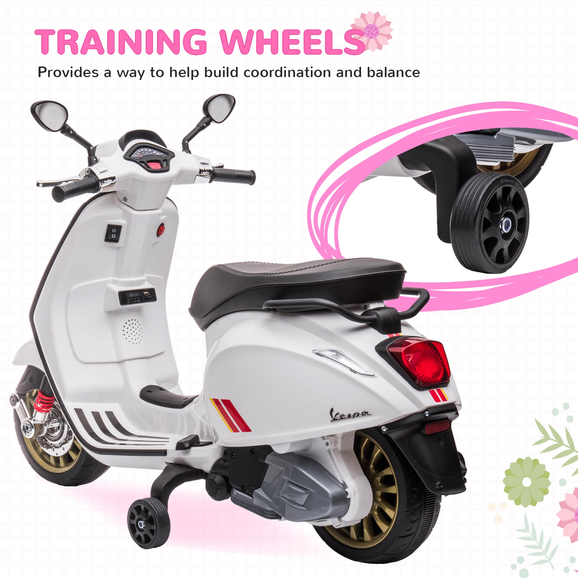 AIYAPLAY 12V Vespa Licensed Kids Electric Motorbike w/ Music, Headlights, FM Radio, for 3-6 Years - White - North Peak Garden Furniture