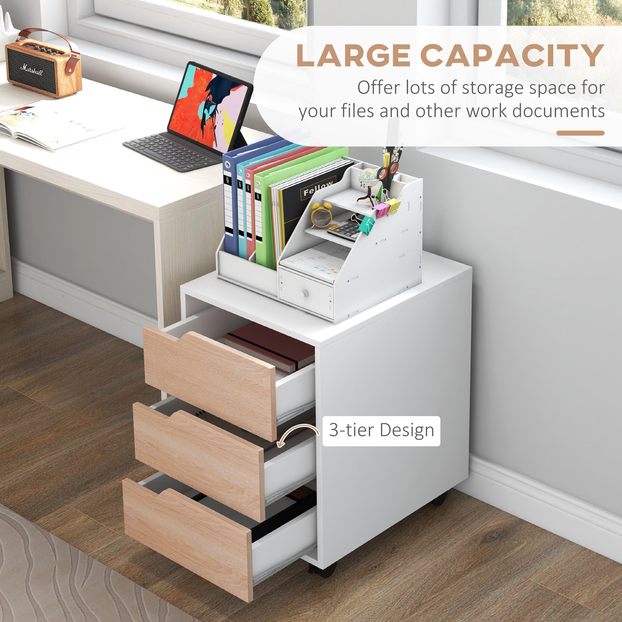 HOMCOM 3 Drawer Mobile File Cabinet, Vertical Filing Cabinet with Wheels for Home Office, Oak - North Peak Garden Furniture