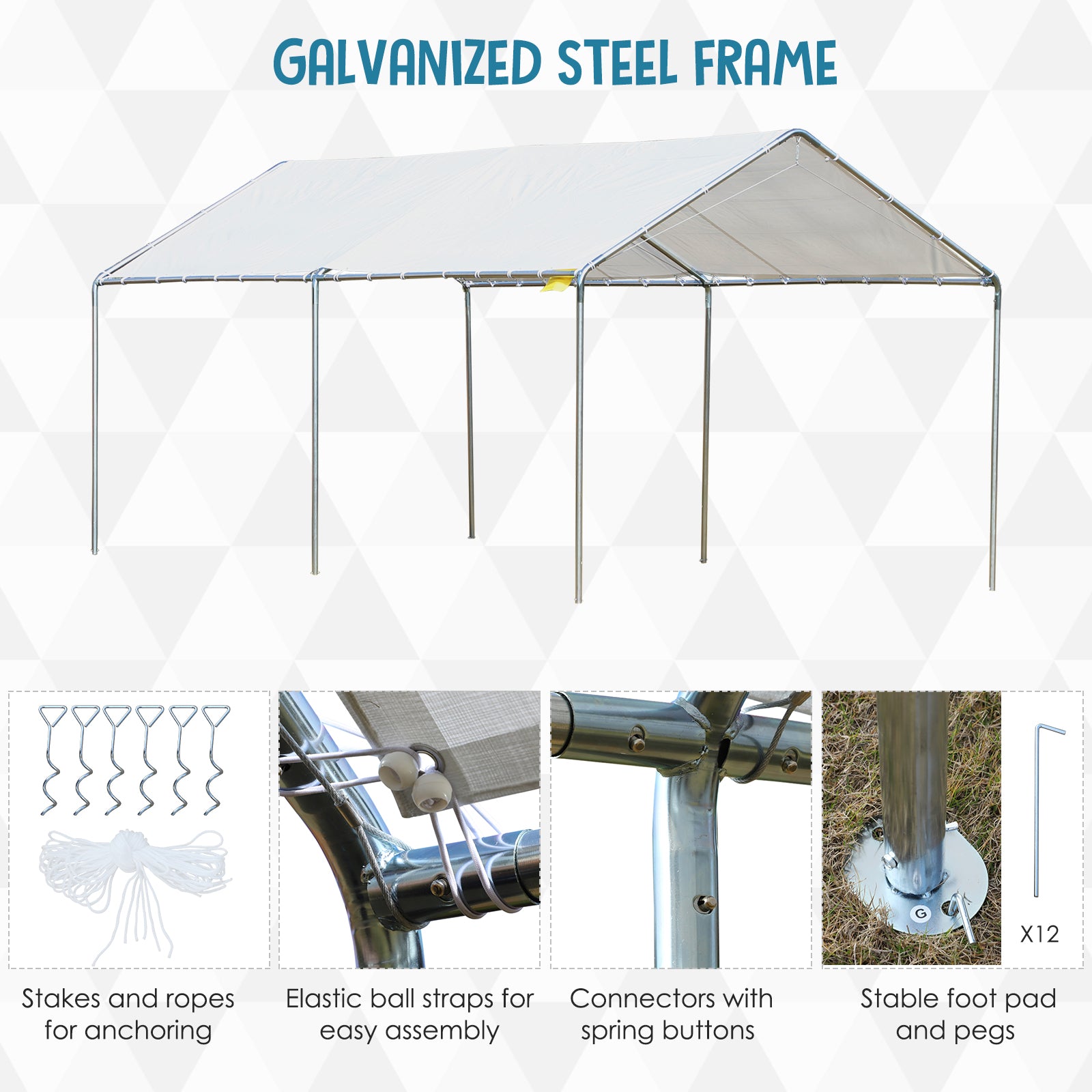 Outsunny 3 x 6m Heavy Duty Carport Garage Car Shelter Galvanized Steel Outdoor Open Canopy Tent Water UV Resistant Waterproof, White - North Peak Garden Furniture