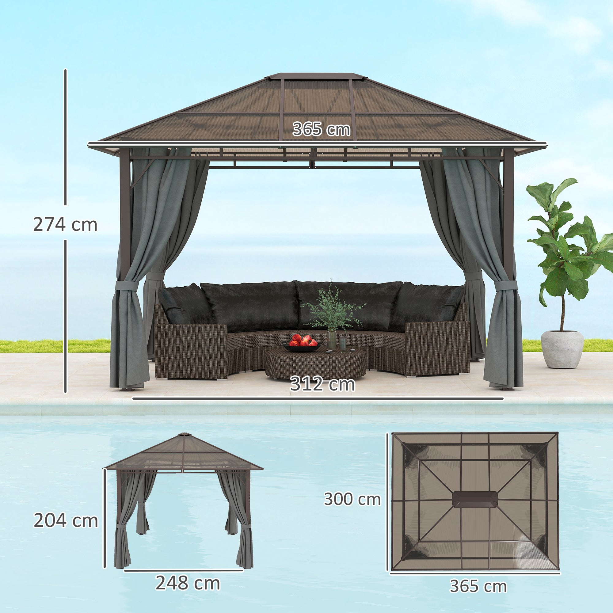 Outsunny 3 x 3.6m Hardtop Gazebo Canopy with Polycarbonate Roof Garden Pavilion with Removable Curtains and Steel Frame, Dark Grey - North Peak Garden Furniture