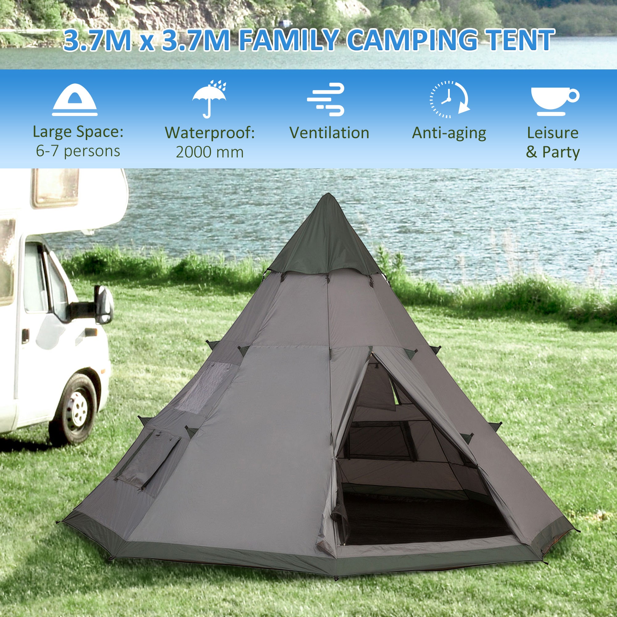Outsunny 6 Men Tipi Tent, Camping Tent, Teepee Family Tent with Mesh Windows, Sewn-in Tent Floor, Two Doors and Carry Bag, Easy Set Up, for Hiking Picnics Outdoor Night, Gray - North Peak Garden Furniture