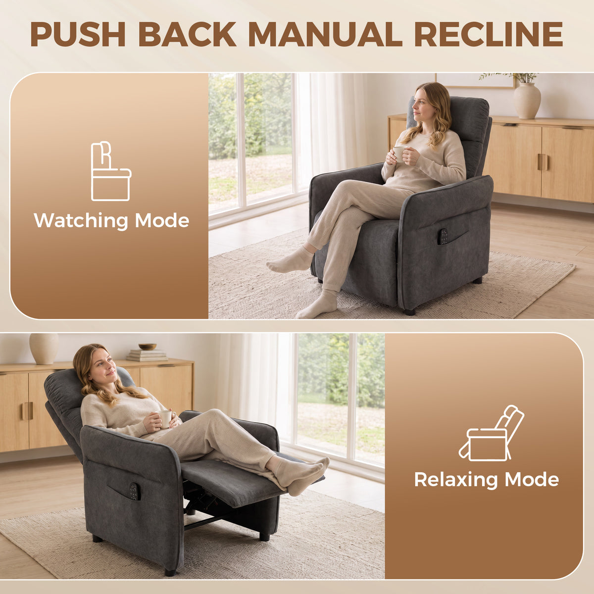 HOMCOM Recliner Armchair, Push Back Recliner Chair with Massage & Heat, Adjustable Armrests, Dual Side Pockets, Dark Grey