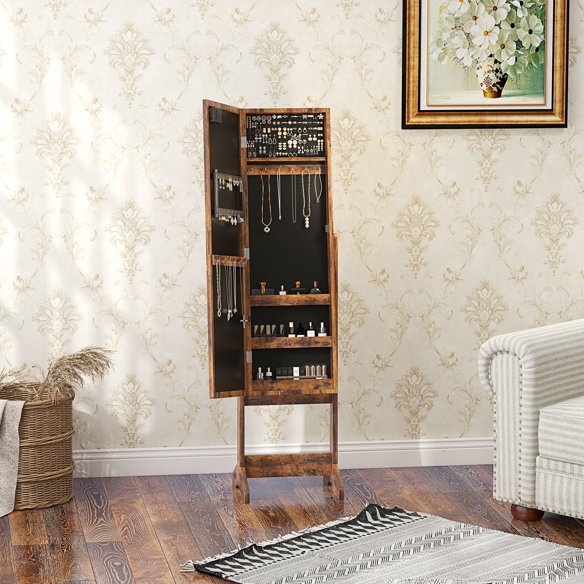HOMCOM Free Standing Mirror Jewelry Cabinet with LED Lights, Jewellery Organiser with 3 Angle Adjustable, Full-Length Mirror with Storage for Earrings, Necklaces, Rings and Lipsticks, Rustic Brown