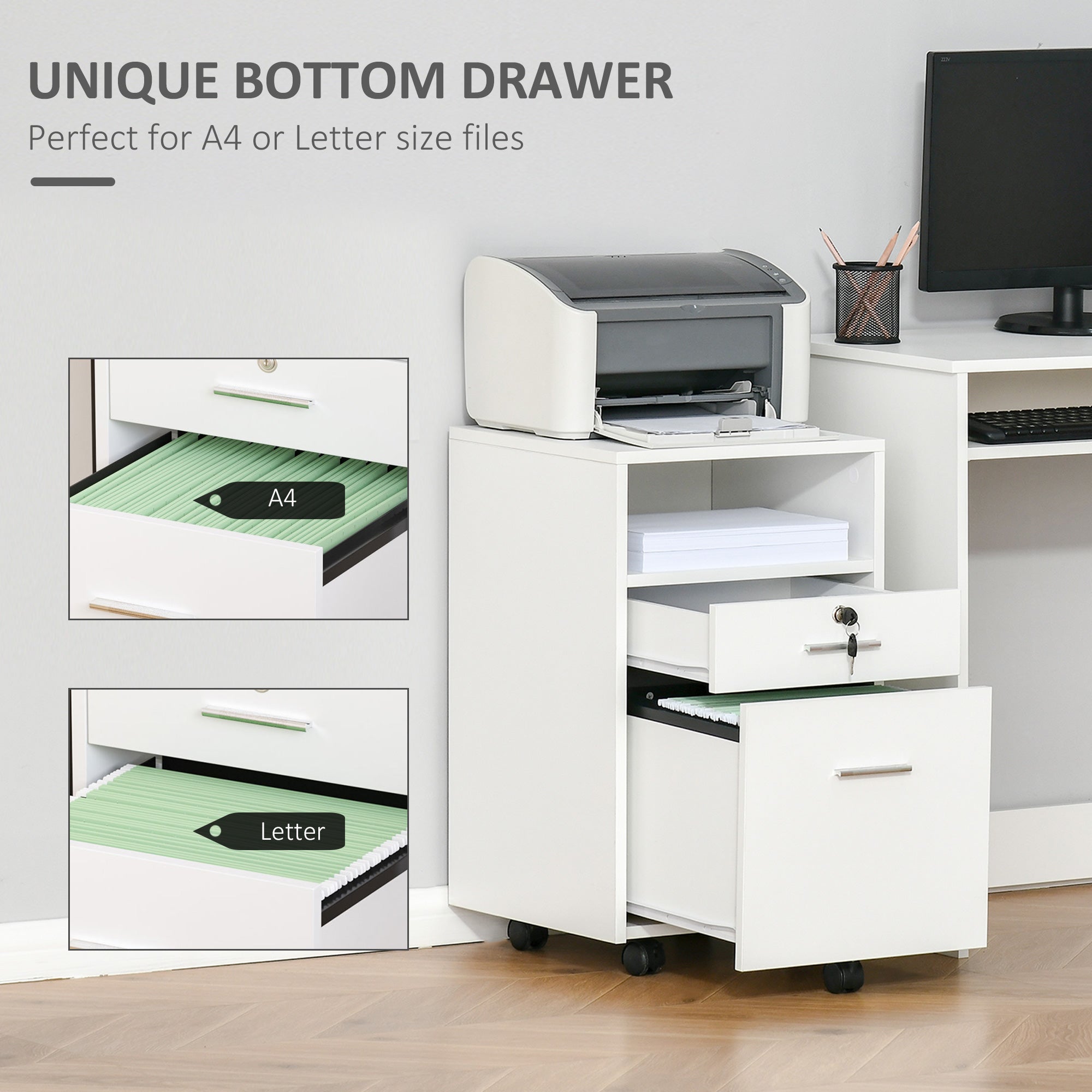 Vinsetto Lockable Two-Drawer Filing Cabinet, with Wheels - White - North Peak Garden Furniture