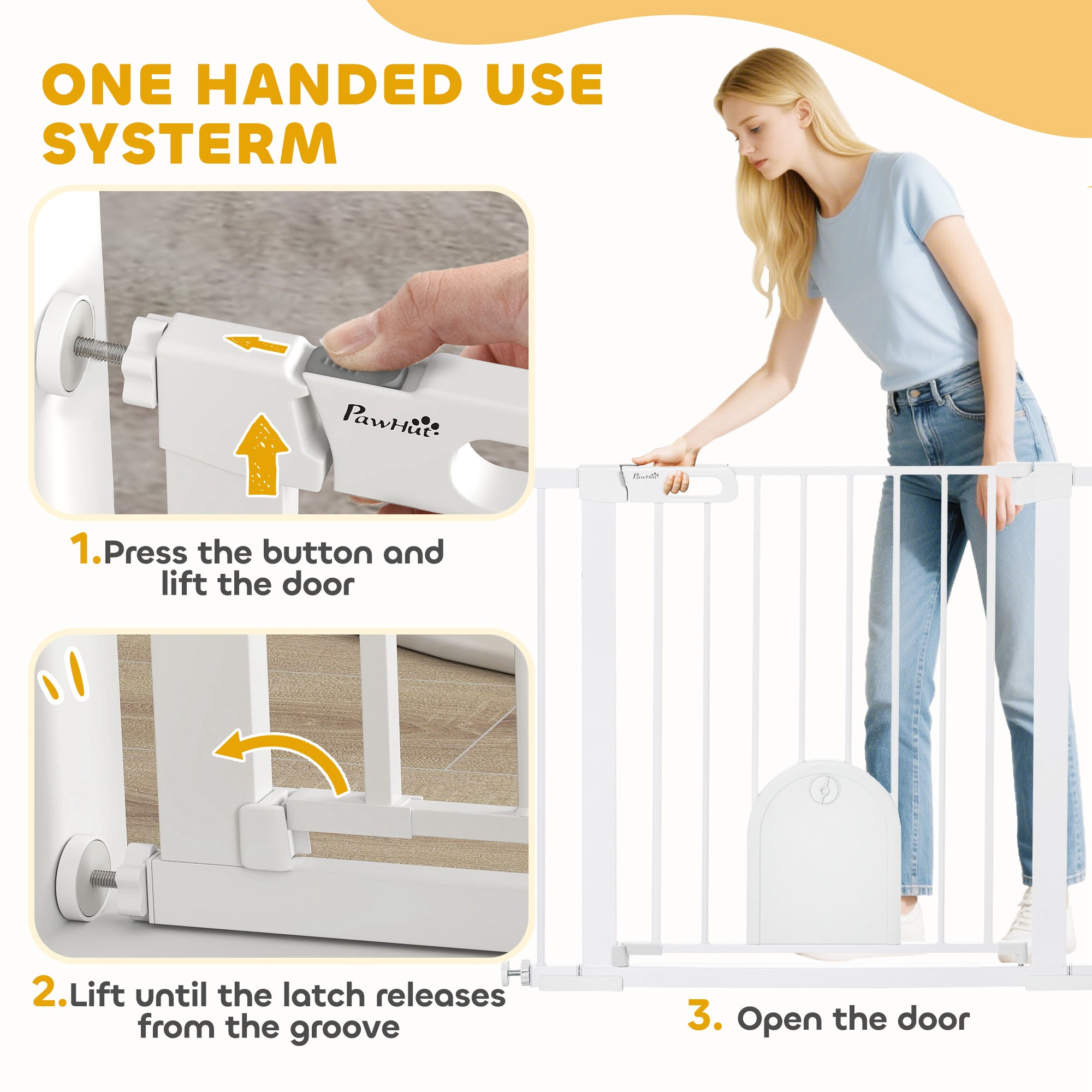 PawHut Dog Gate with Cat Flap Pet Safety Gate Barrier, Stair Pressure Fit, Auto Close, Double Locking, for Doorways, Hallways, 75-103 cm White - North Peak Garden Furniture