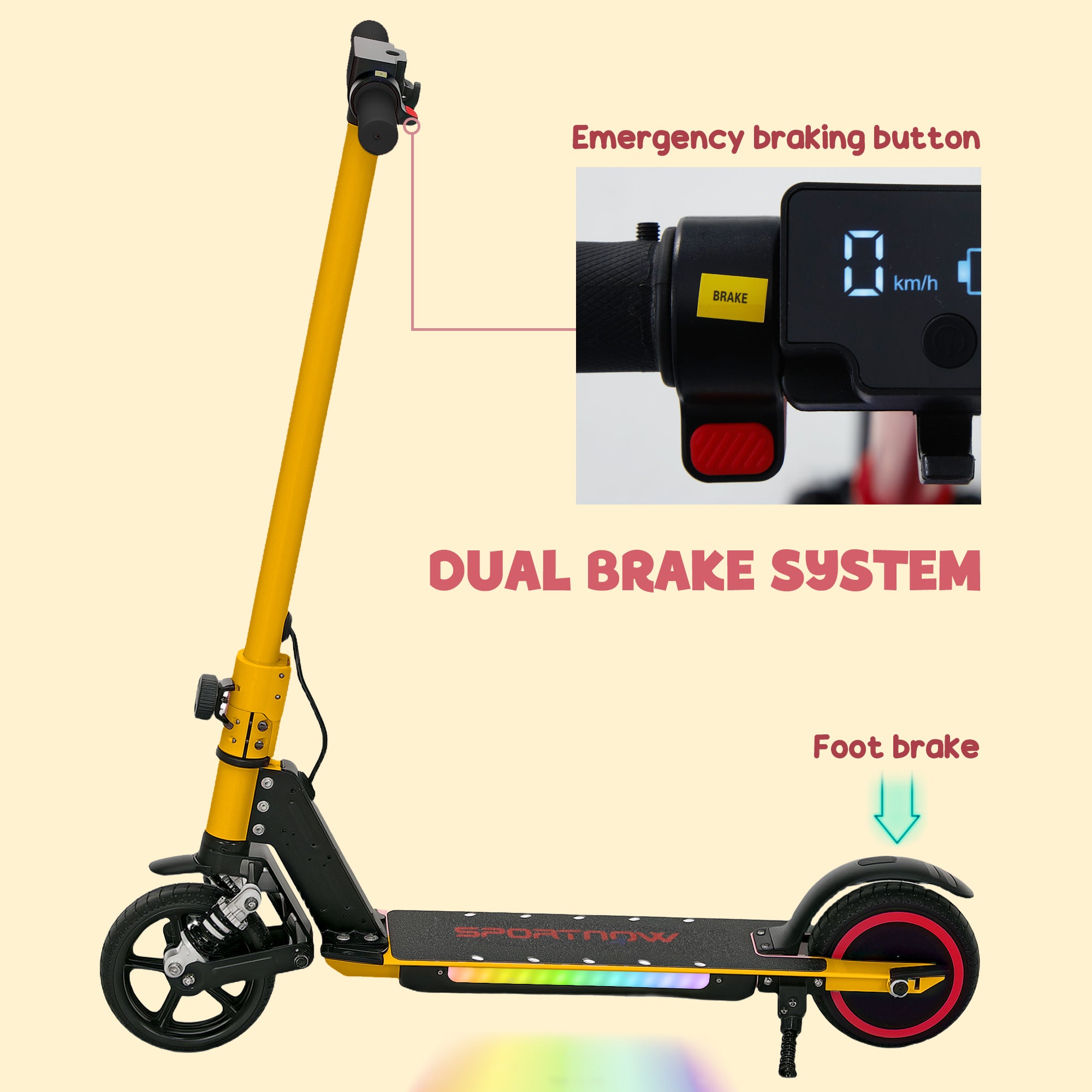 SPORTNOW Folding Electric Scooter for Kids Age 6-14 with Dual Brakes, Front Suspension, LED Colourful Lights and Display, 6.8kg Lightweight Aluminium E Scooter, Up to 14 KM/H & 6 KM, Gold Tone - North Peak Garden Furniture