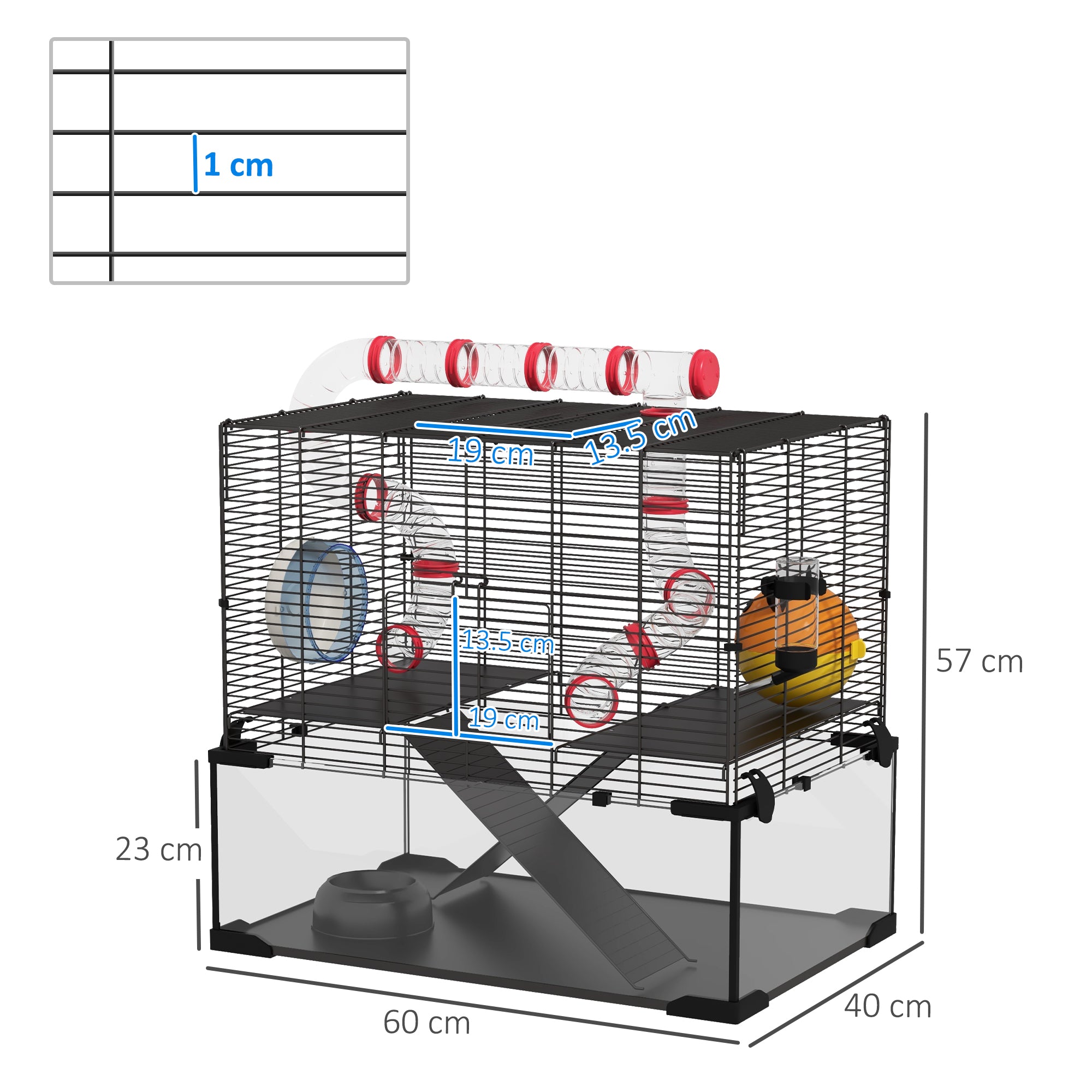 PawHut Gerbil Cage Dwarf Hamster Cage, with Deep Glass Bottom, Tunnels, Hut, Exercise Wheel, 60 x 40 x 57cm - North Peak Garden Furniture