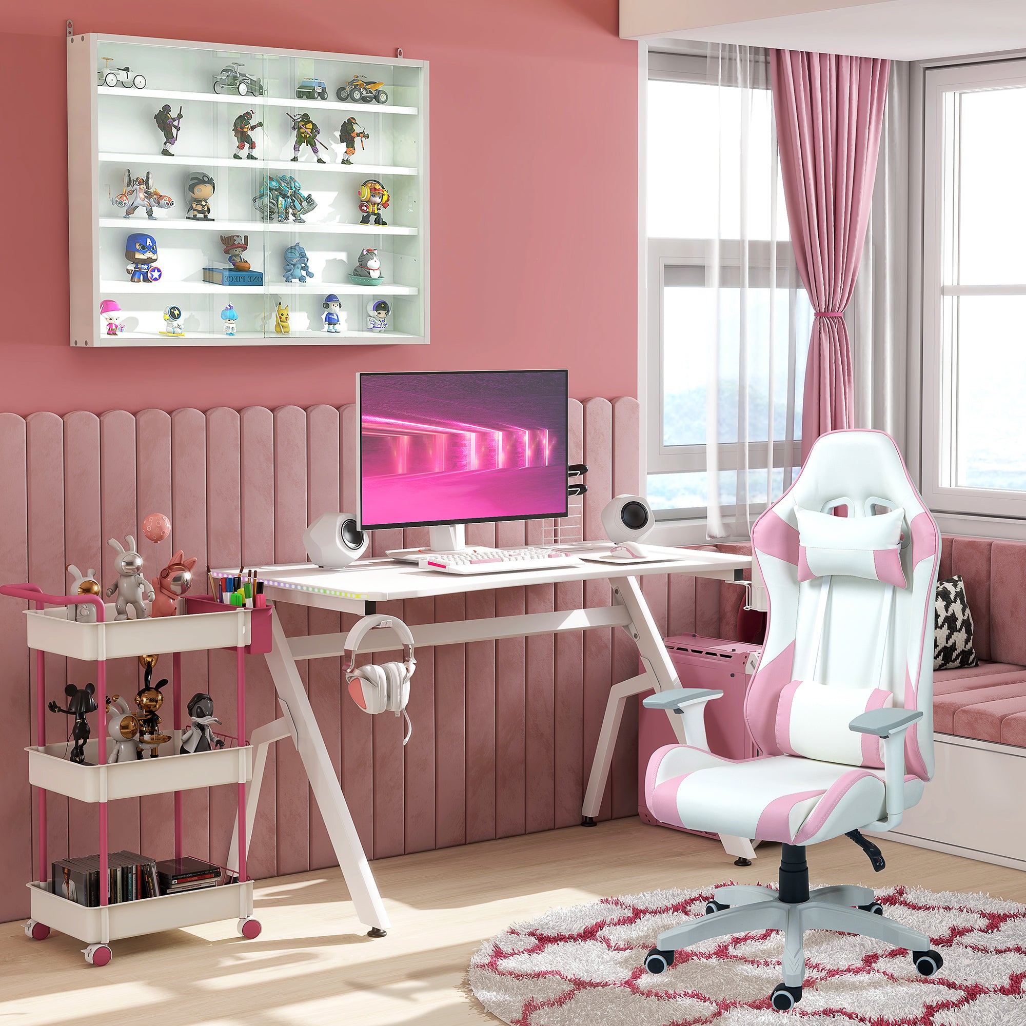 HOMCOM RGB 120 x 66cm Gaming Desk, Computer Table with Carbon Fibre Surface, Headphone Hook, Cup Holder, Controller Rack, Home Office Desk, White - North Peak Garden Furniture