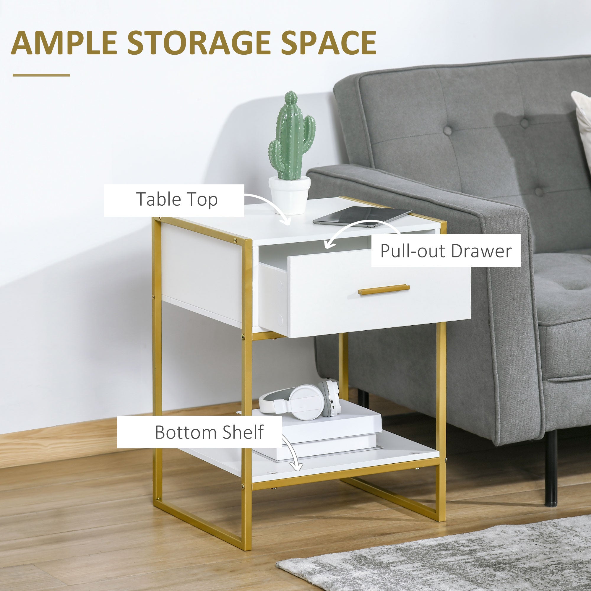 HOMCOM Modern Bedside Table, Nightstand with Drawer Shelf, Side Table for Living room, Bedroom White and Gold, Set of 2 - North Peak Garden Furniture