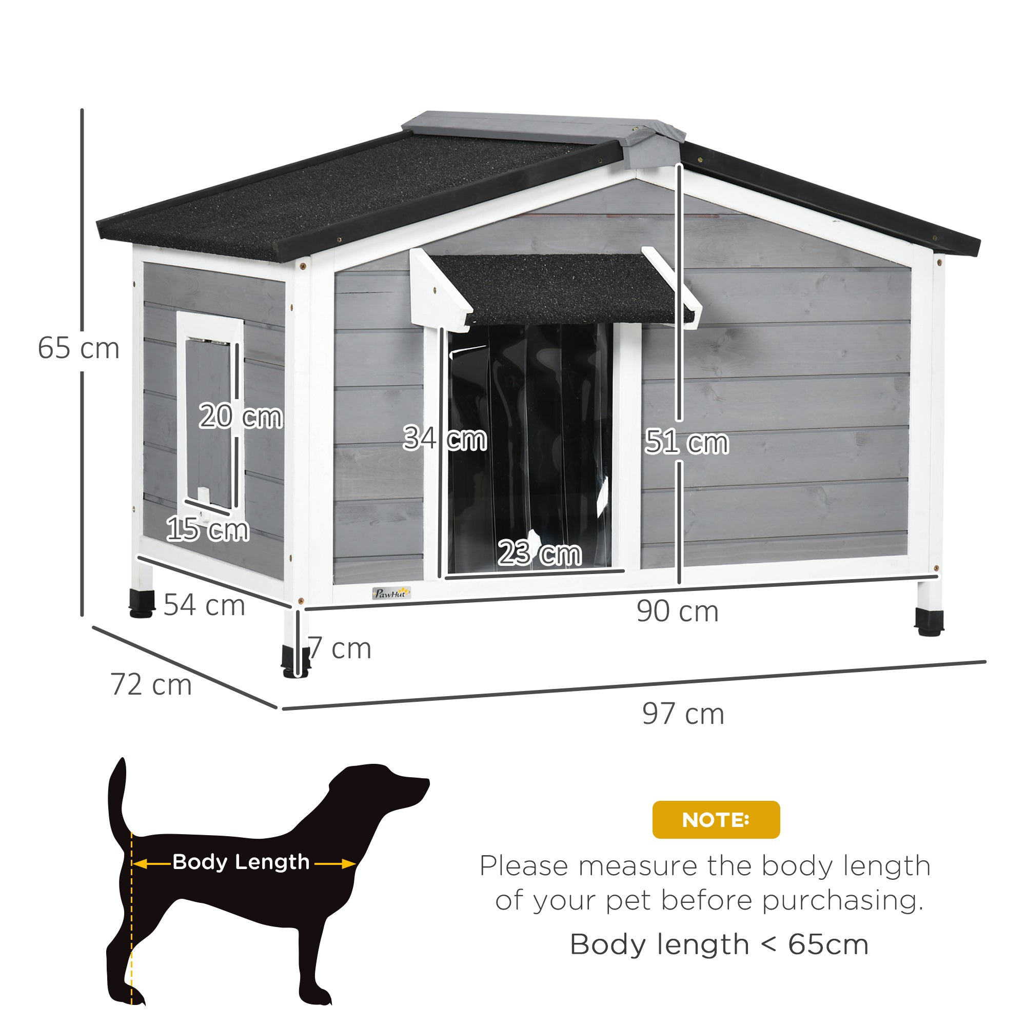 PawHut Wooden Dog Kennel for Outside, for Medium Dogs, 65H x 97L x 72Wcm, Grey