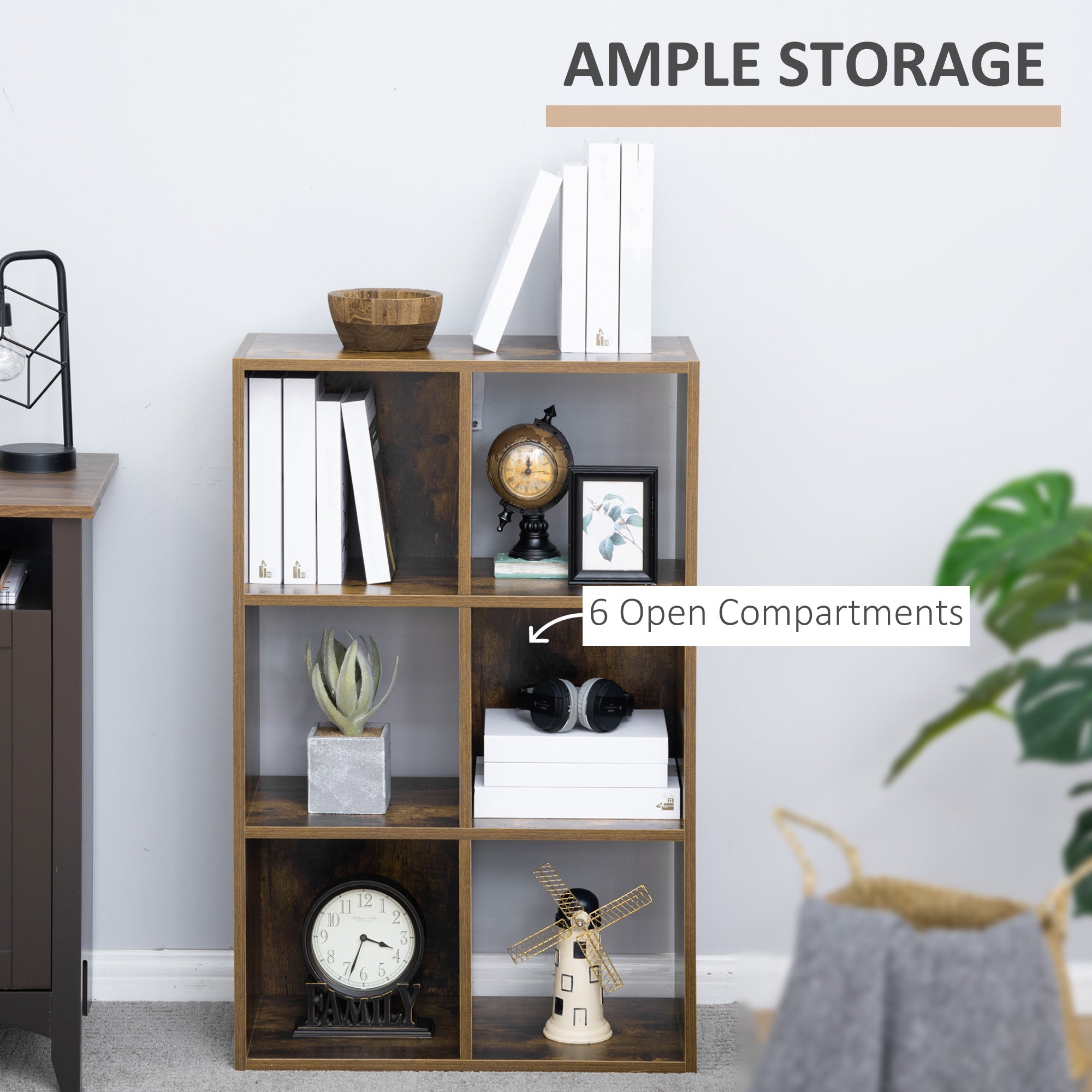 HOMCOM Industrial Style Storage Shelf, Bookcase, Bookshelf with 6 Compartments, Freestanding Shelving Unit for Living Room, Home Study, Rustic Brown - North Peak Garden Furniture
