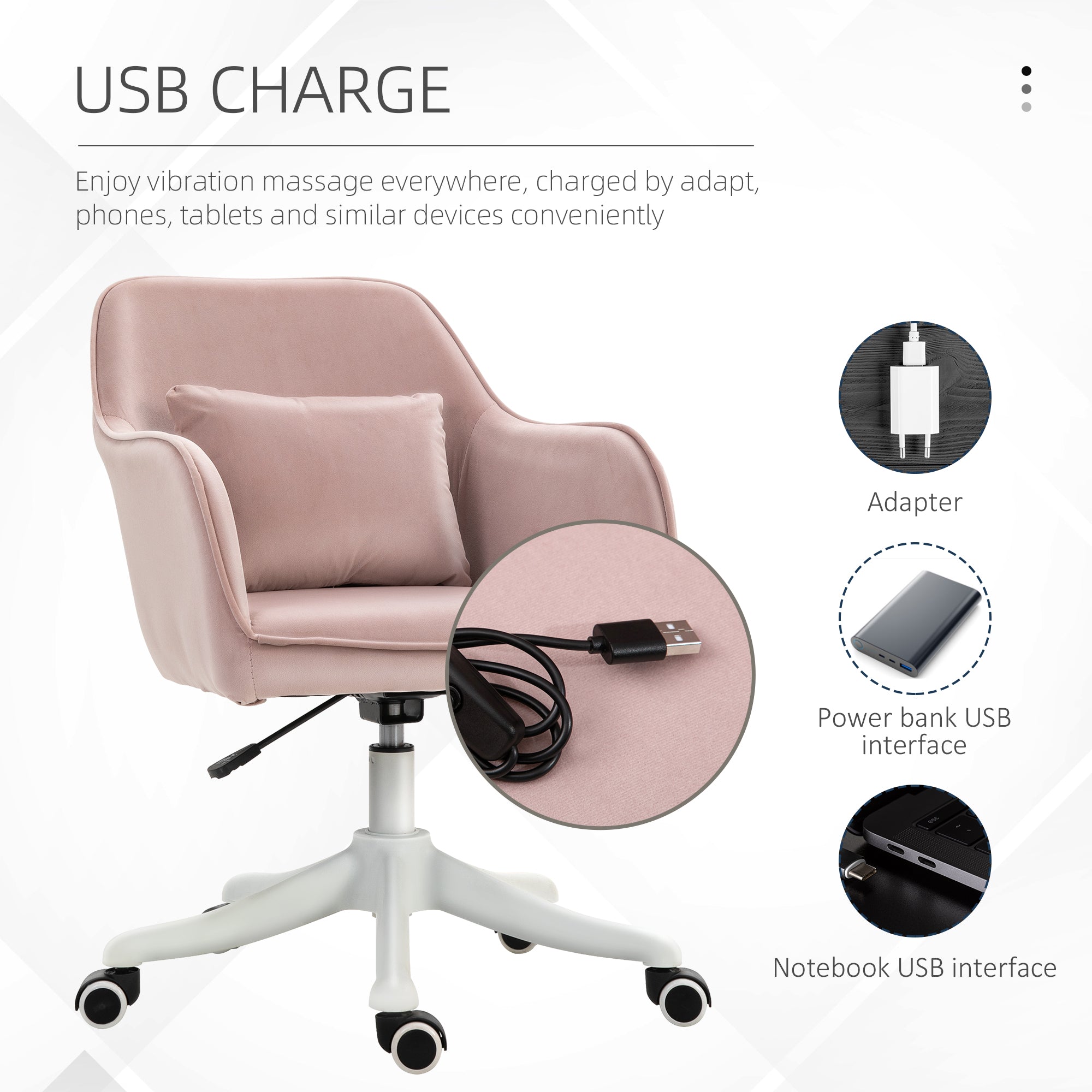 Vinsetto Velvet Office Chair, Desk Chair, Makeup Vanity Chair with Massage Lumbar Pillow and Rolling Wheels for Bedroom and Home, Pink - North Peak Garden Furniture