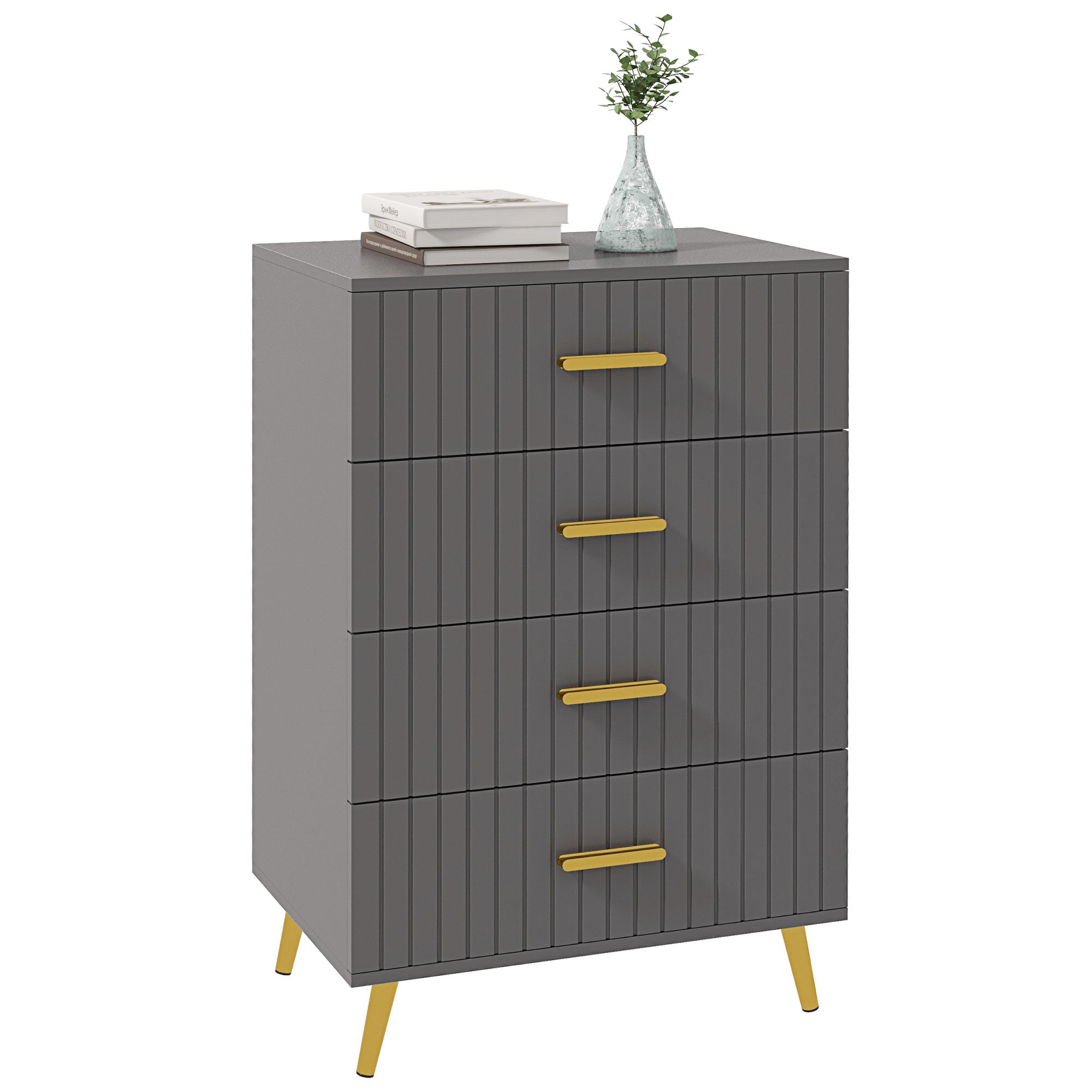 HOMCOM Four Drawer Embossed Line Dresser - Grey/Gold Tone - North Peak Garden Furniture