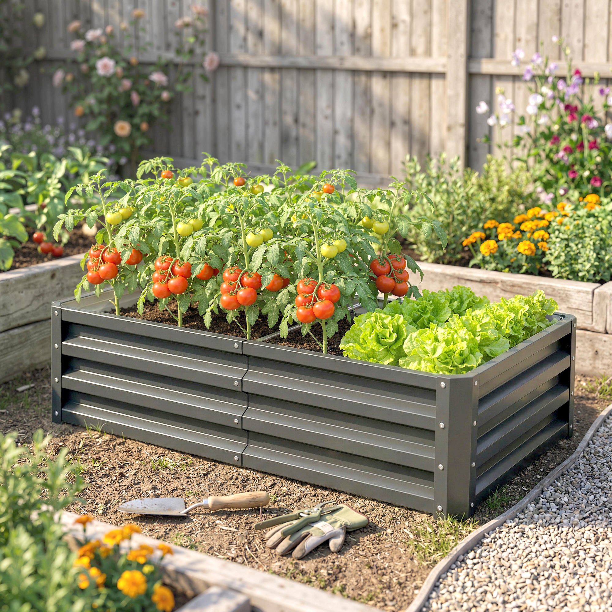 Outsunny Raised Beds for Garden, Galvanised Outdoor Planters for Herbs and Vegetables, for Patio, Garden, Balcony, Light Grey