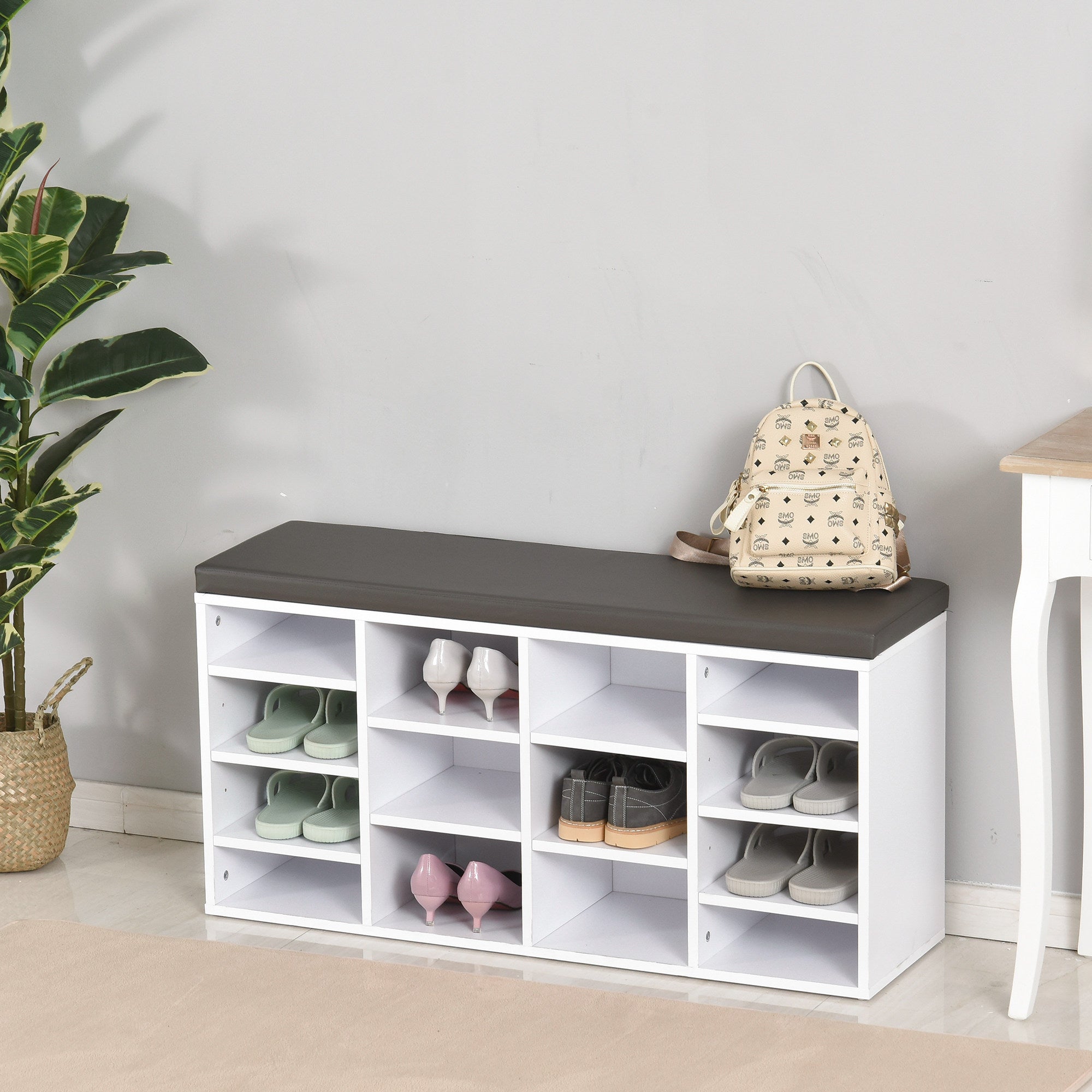 HOMCOM Multi-Storage Shoe Rack w/ 14 Compartments Cushion Moving Shelves Solid Frame Foot Pads Home Office Tidy Organisation Boots Trainers White - North Peak Garden Furniture