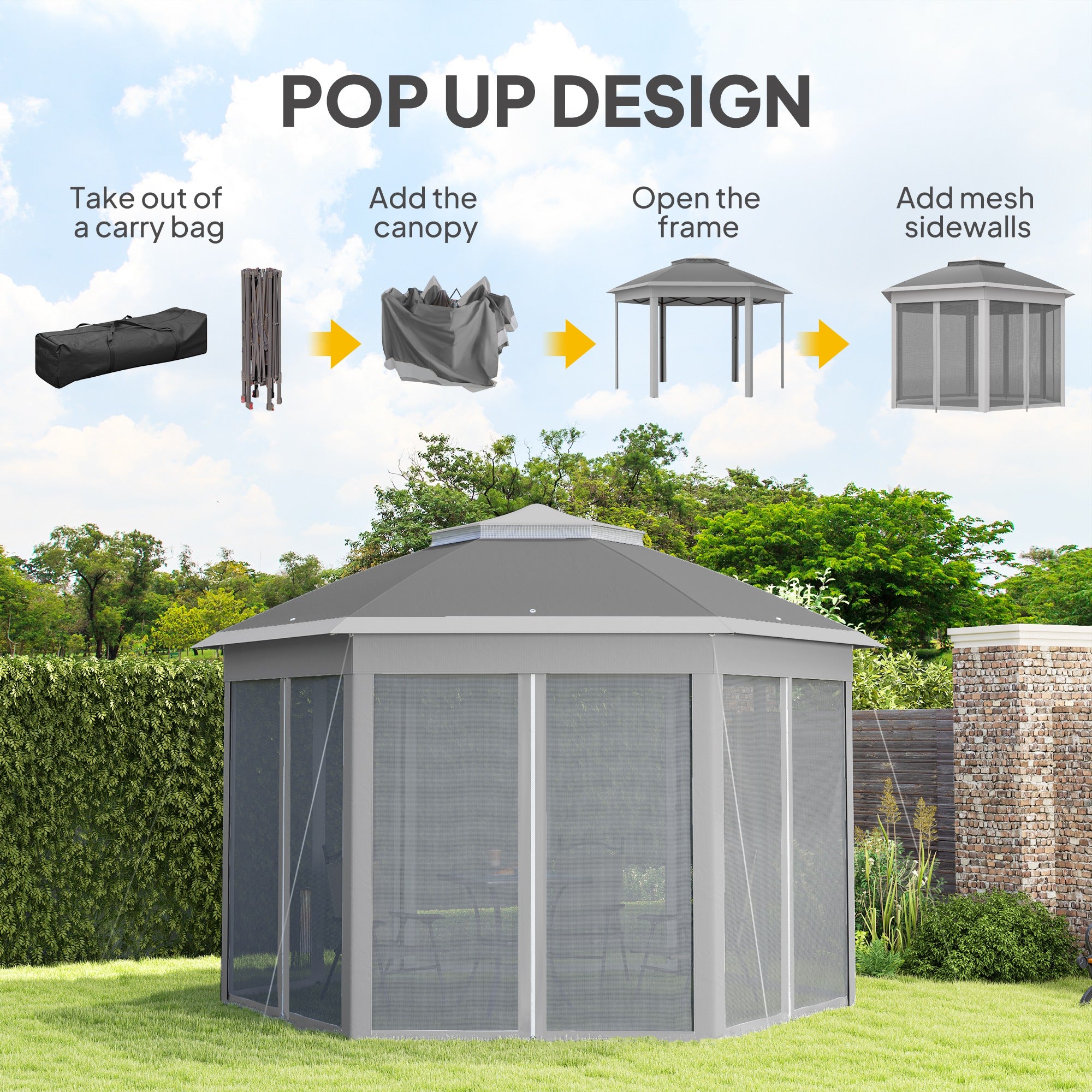 Outsunny 3 x 4m Garden Gazebo Hexagon Pop Up Party Tent Canopy Double Roof Instant Shelter with Netting and Carry Bag for Outdoor Patio, Dark Grey - North Peak Garden Furniture